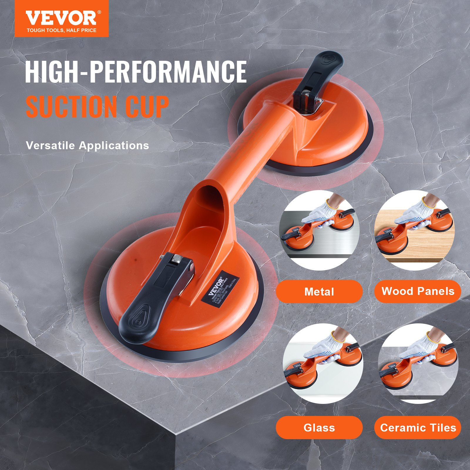 VEVOR glass suction cup with dual handle and applications on metal, wood panels, glass, and ceramic tiles.