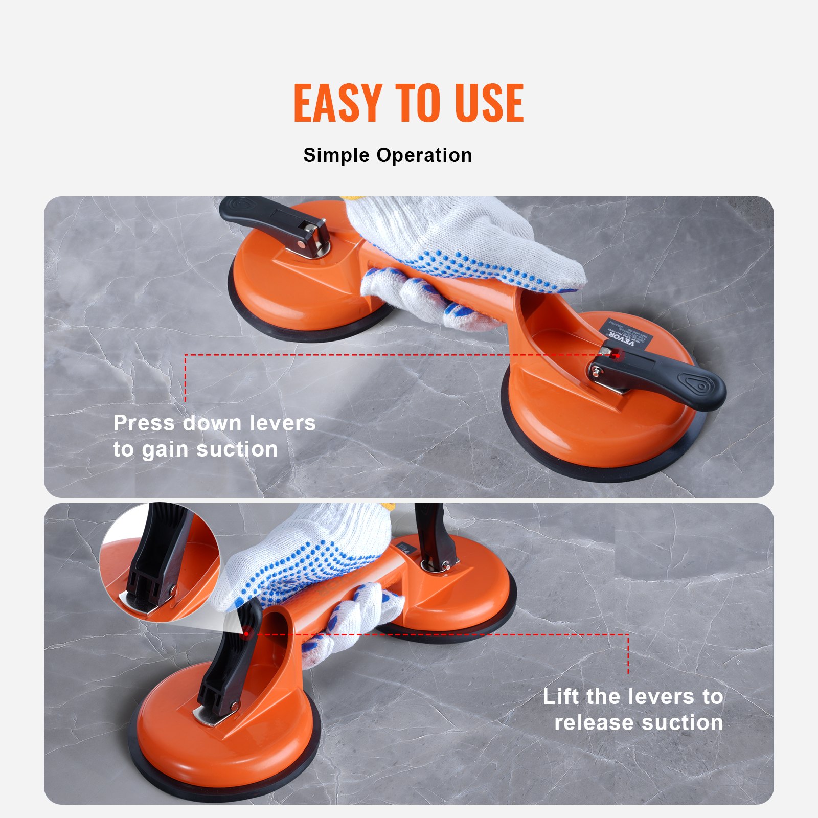 VEVOR glass suction cup demonstration with gloved hand pressing and lifting levers on a marble surface.