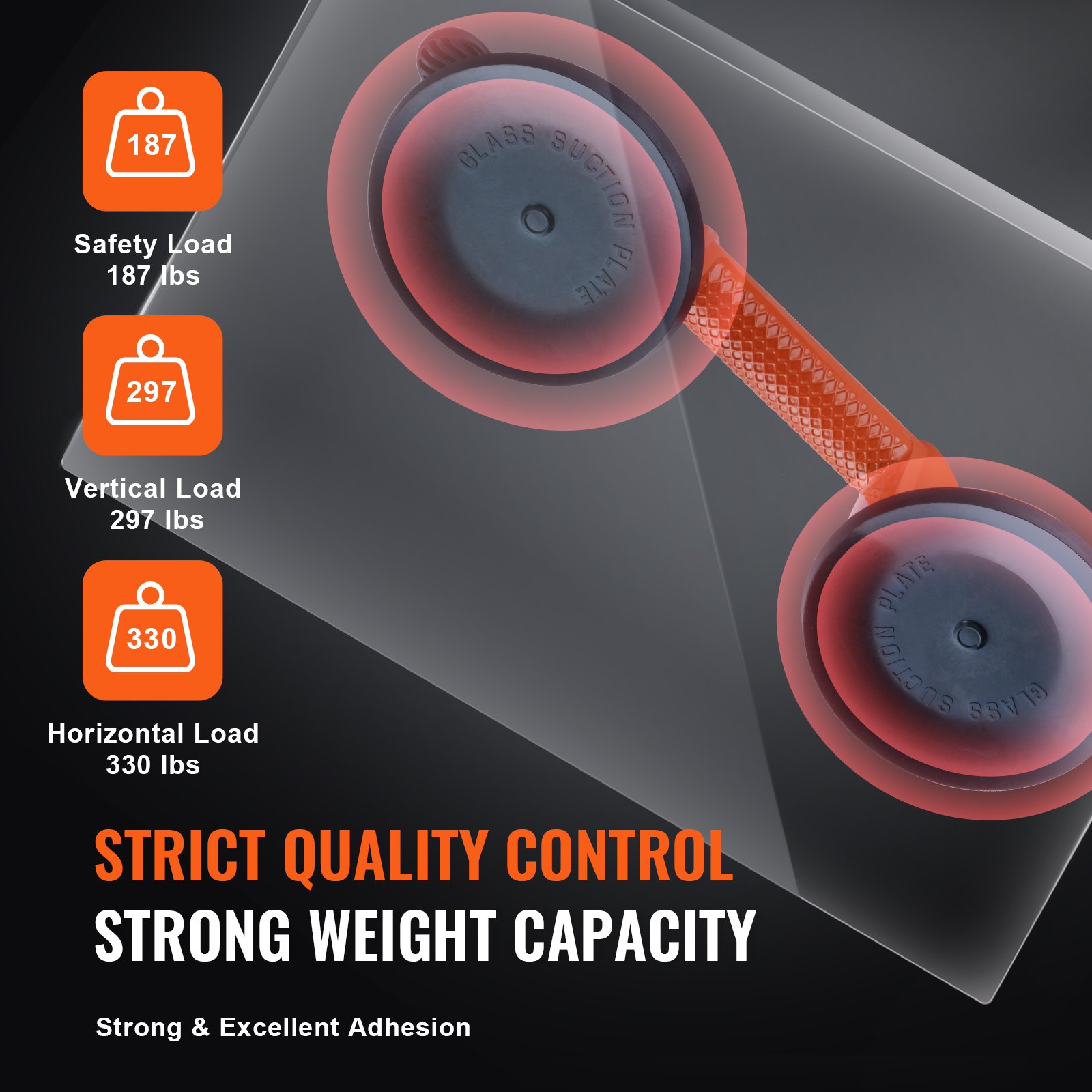 VEVOR suction plate demonstrating 187 lbs safety, 297 lbs vertical, and 330 lbs horizontal load capacity.