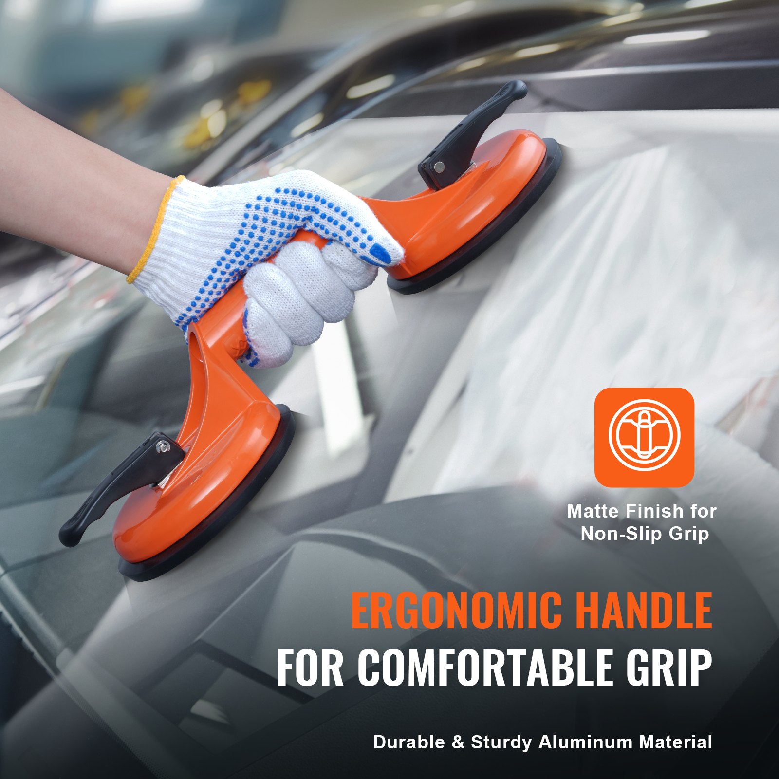 hand holding VEVOR glass suction cup with ergonomic handle, durable aluminum material, non-slip grip.
