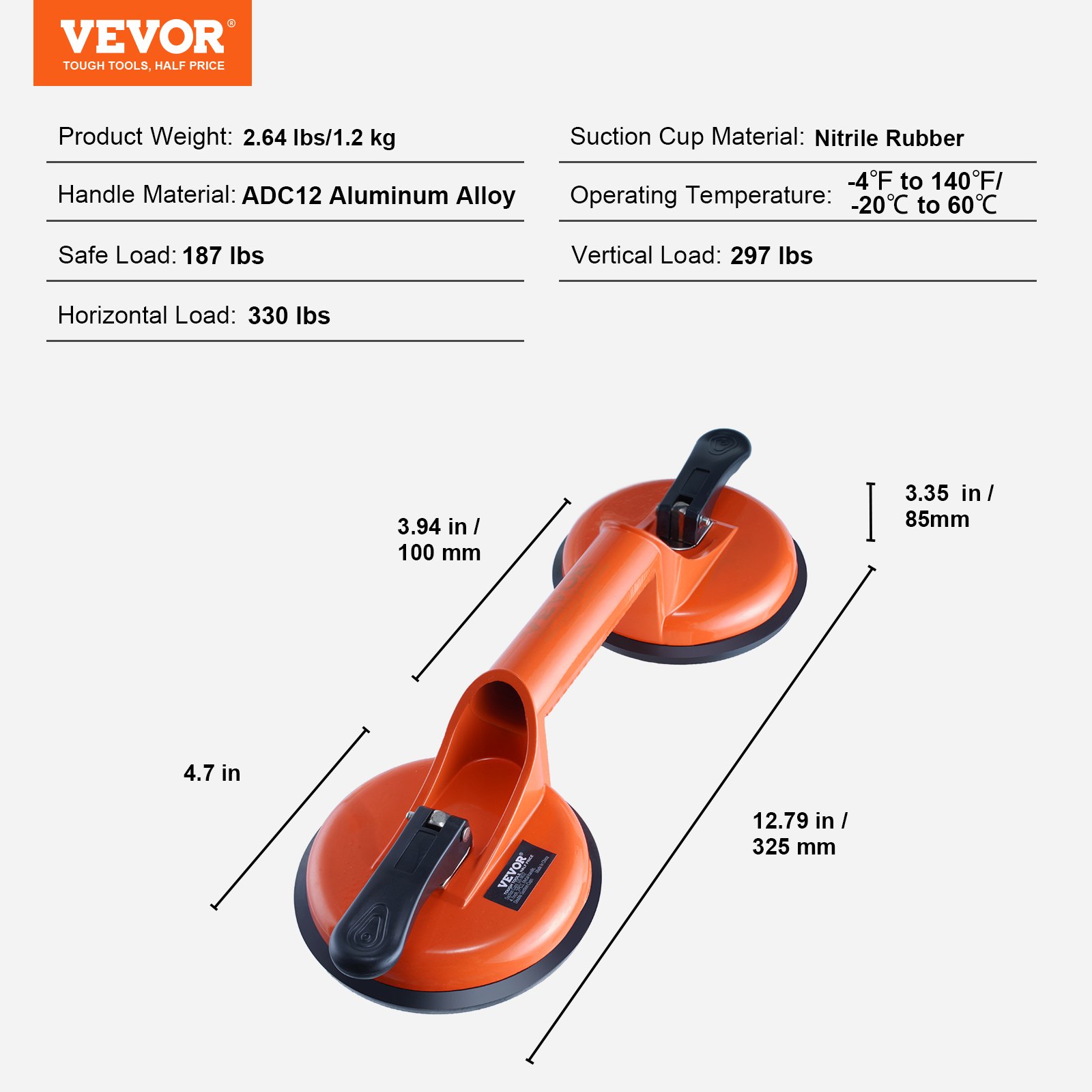 VEVOR glass suction cup with aluminum alloy handle, nitrile rubber suction cups, and protective gloves.