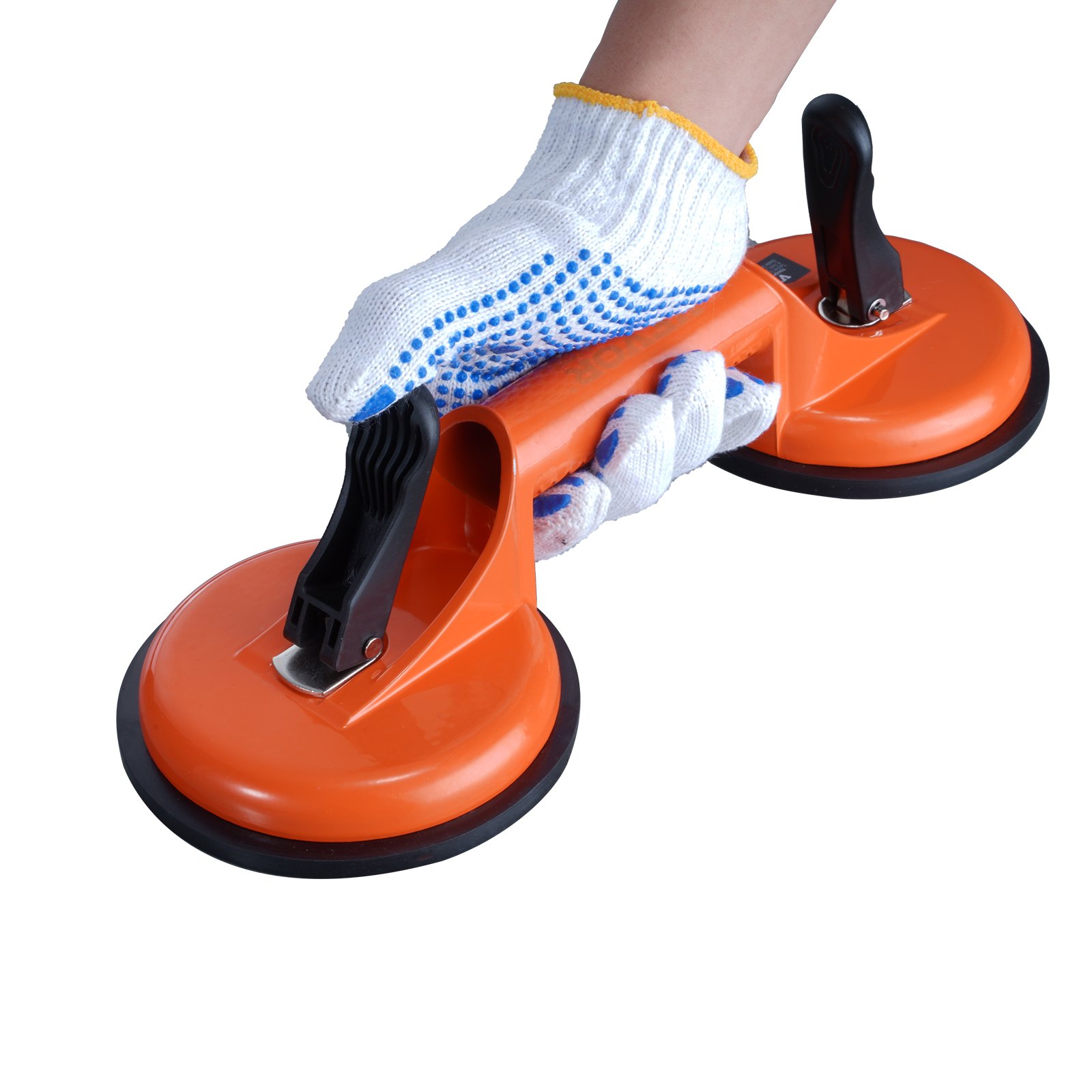 gloved hand holding an orange VEVOR glass suction cup with double suction design.
