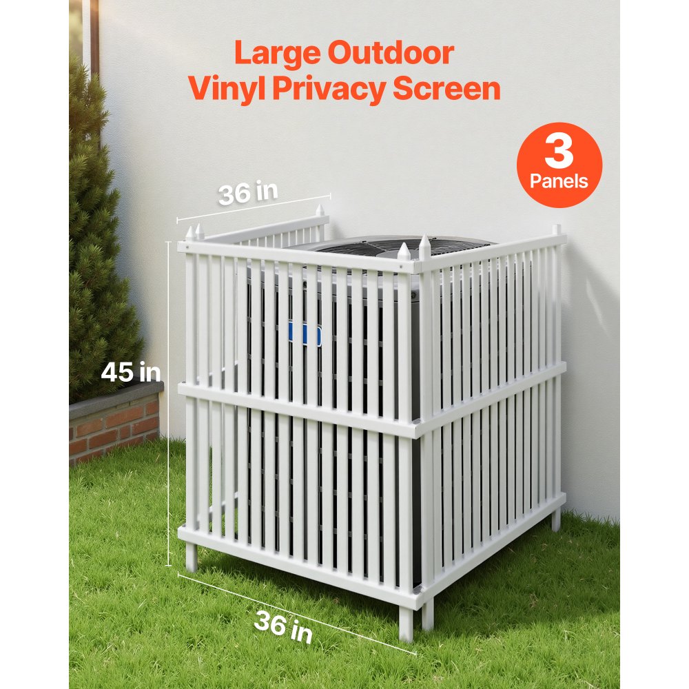 VEVOR 3 Panels Outdoor Privacy Screen, 36 x 45 in Air Conditioner Fence with 19.7 in Ground Stakes, Pool Equipment Enclosure, Strip Vinyl Privacy Fence, Ideal for Trash Can and A/C Units, White