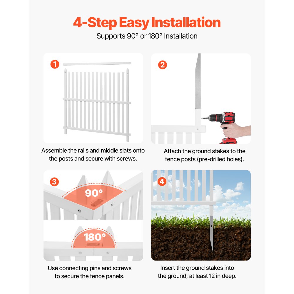 VEVOR 3 Panels Outdoor Privacy Screen, 36 x 45 in Air Conditioner Fence with 19.7 in Ground Stakes, Pool Equipment Enclosure, Strip Vinyl Privacy Fence, Ideal for Trash Can and A/C Units, White