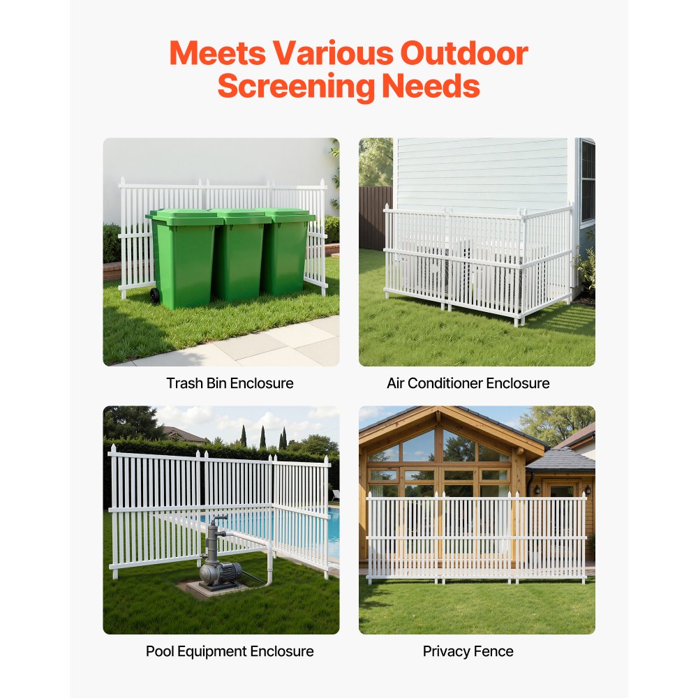 VEVOR 3 Panels Outdoor Privacy Screen, 36 x 45 in Air Conditioner Fence with 19.7 in Ground Stakes, Pool Equipment Enclosure, Strip Vinyl Privacy Fence, Ideal for Trash Can and A/C Units, White