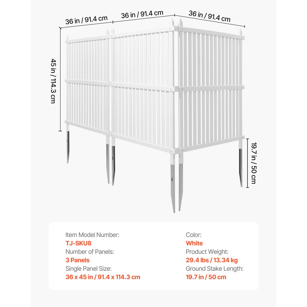VEVOR 3 Panels Outdoor Privacy Screen, 36 x 45 in Air Conditioner Fence with 19.7 in Ground Stakes, Pool Equipment Enclosure, Strip Vinyl Privacy Fence, Ideal for Trash Can and A/C Units, White