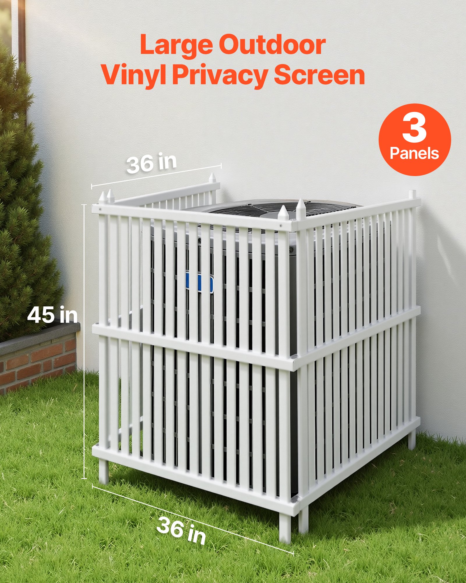 VEVOR 3 Panels Outdoor Privacy Screen, 36 x 45 in Air Conditioner Fence with 19.7 in Ground Stakes, Pool Equipment Enclosure, Strip Vinyl Privacy Fence, Ideal for Trash Can and A/C Units, White