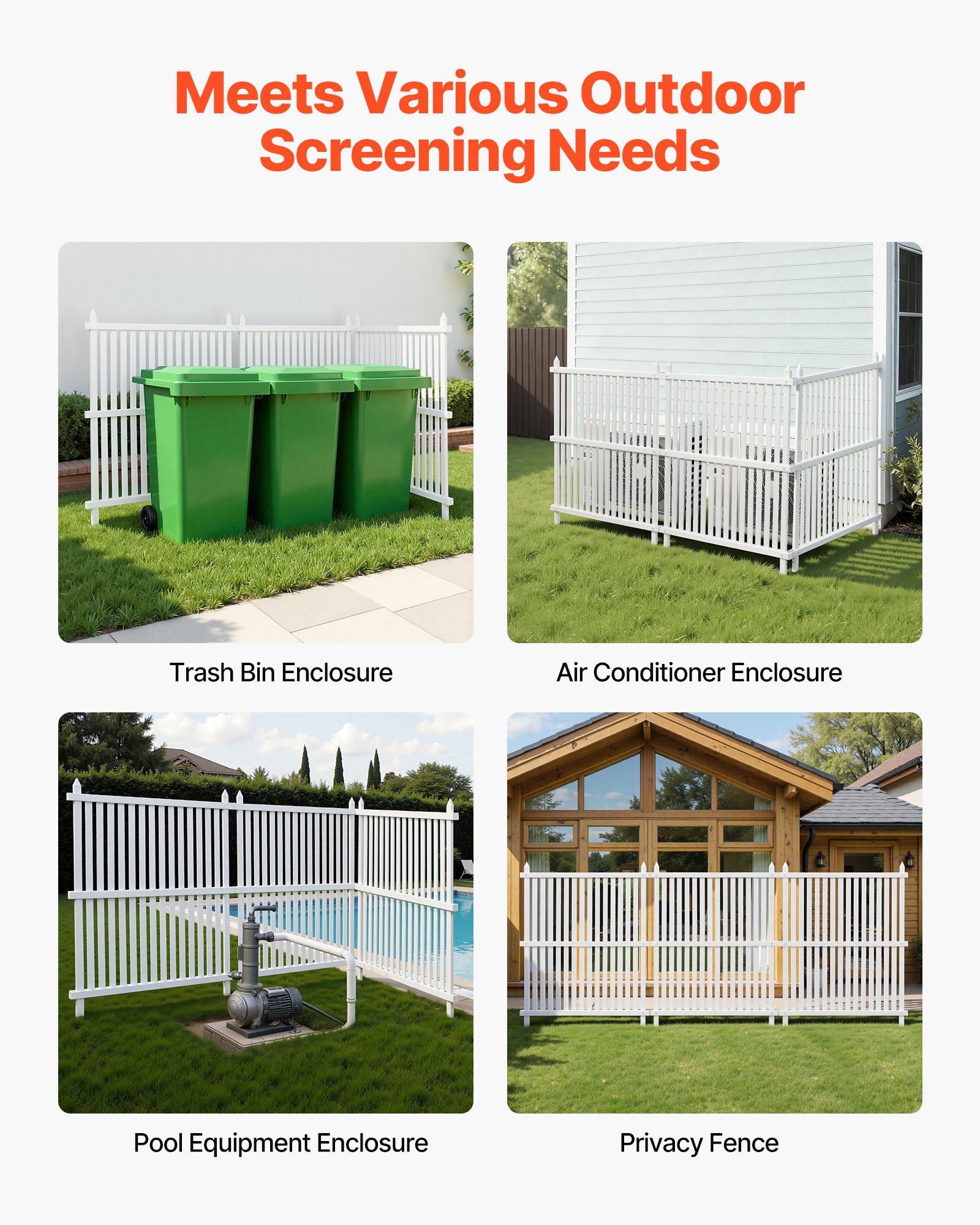 VEVOR 3 Panels Outdoor Privacy Screen, 36 x 45 in Air Conditioner Fence with 19.7 in Ground Stakes, Pool Equipment Enclosure, Strip Vinyl Privacy Fence, Ideal for Trash Can and A/C Units, White