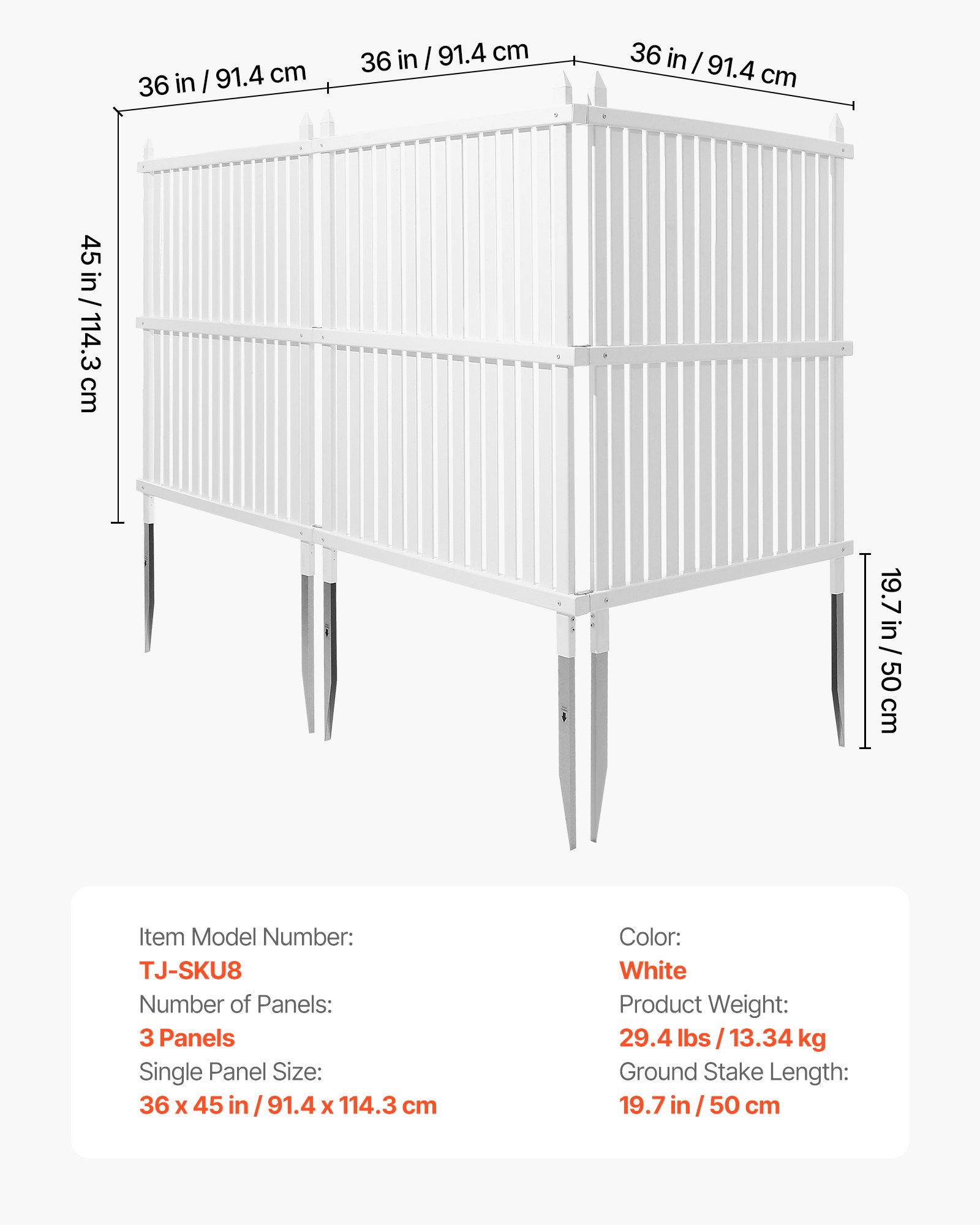 VEVOR 3 Panels Outdoor Privacy Screen, 36 x 45 in Air Conditioner Fence with 19.7 in Ground Stakes, Pool Equipment Enclosure, Strip Vinyl Privacy Fence, Ideal for Trash Can and A/C Units, White