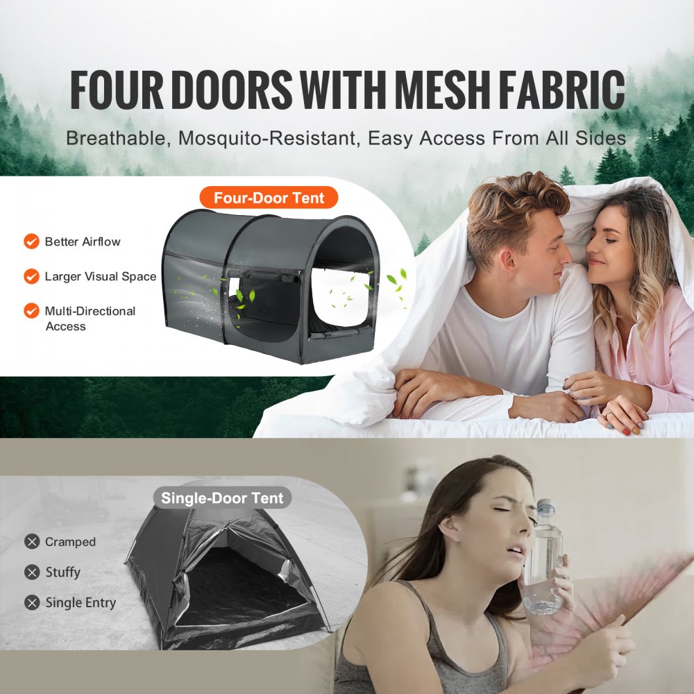 VEVOR 4 Doors Bed Tent Breathable Tent Light Blackout with 0.28 in Fiber Poles 190x99x119cm