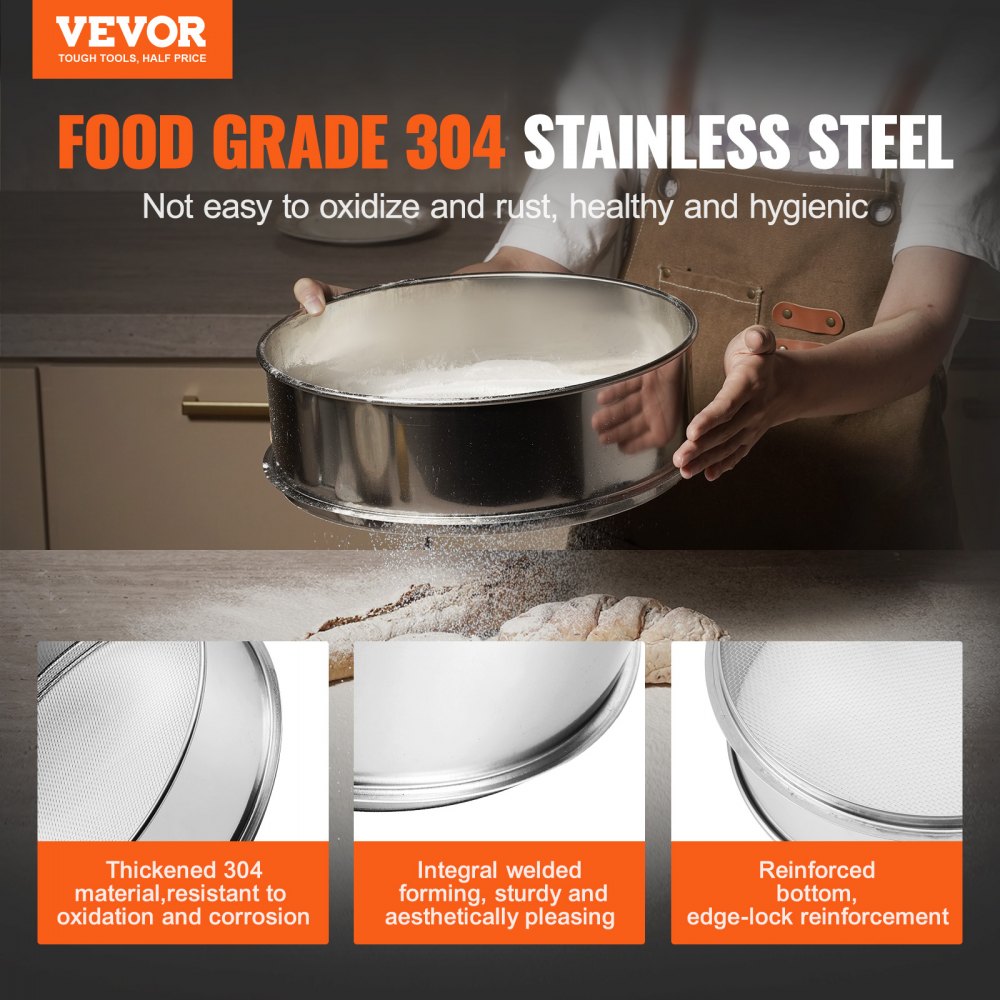 VEVOR Flour Sieve Fine Mesh, 10 Mesh Flour Sifter, 304 Stainless Steel Fine Mesh Sifter Food-grade, Dia. 12.6" Fine Mesh Strainers for Baking, 5 Sizes Mesh hole for Mungbean, Rice, Flour, Pearl Powder