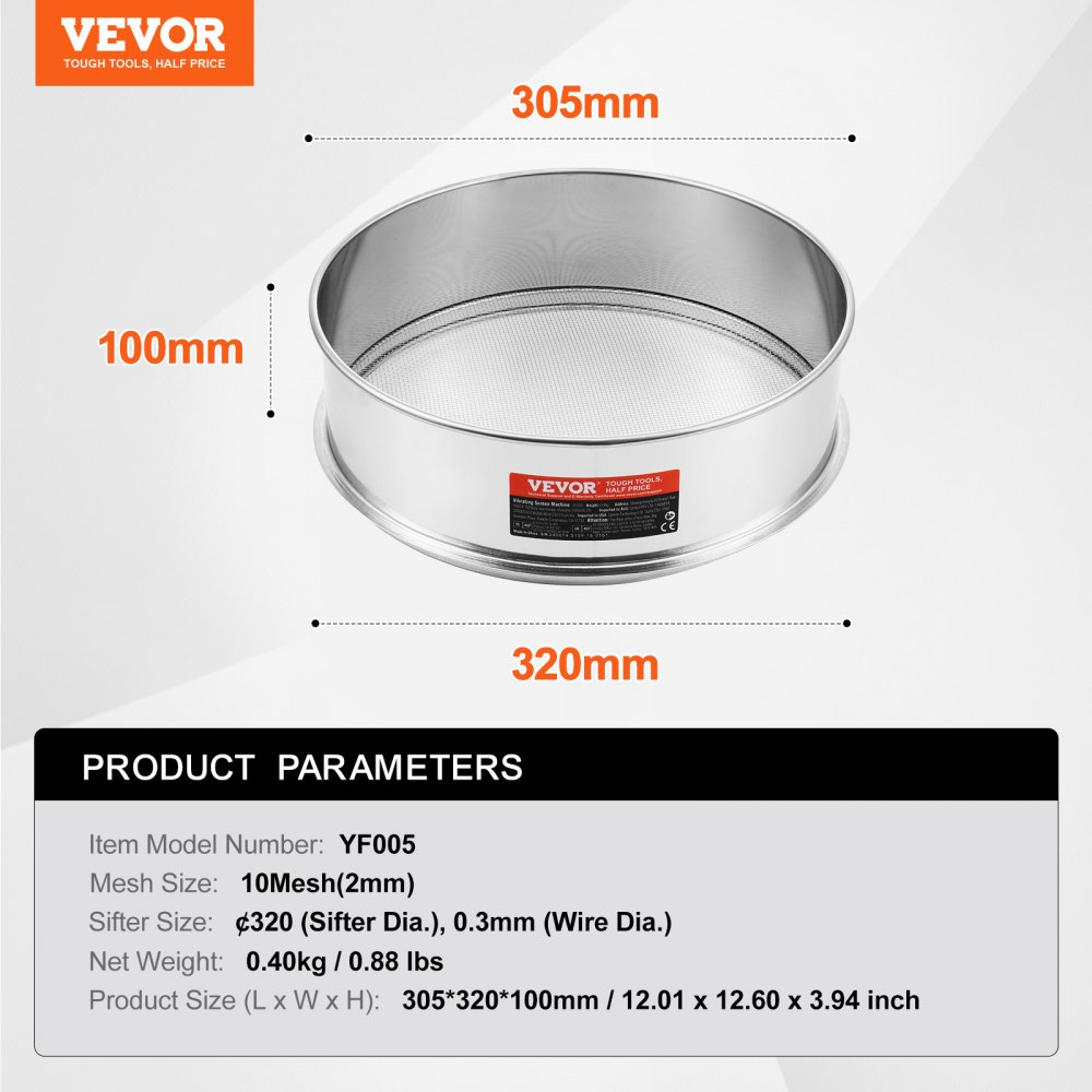 VEVOR Flour Sieve Fine Mesh, 10 Mesh Flour Sifter, 304 Stainless Steel Fine Mesh Sifter Food-grade, Dia. 12.6" Fine Mesh Strainers for Baking, 5 Sizes Mesh hole for Mungbean, Rice, Flour, Pearl Powder