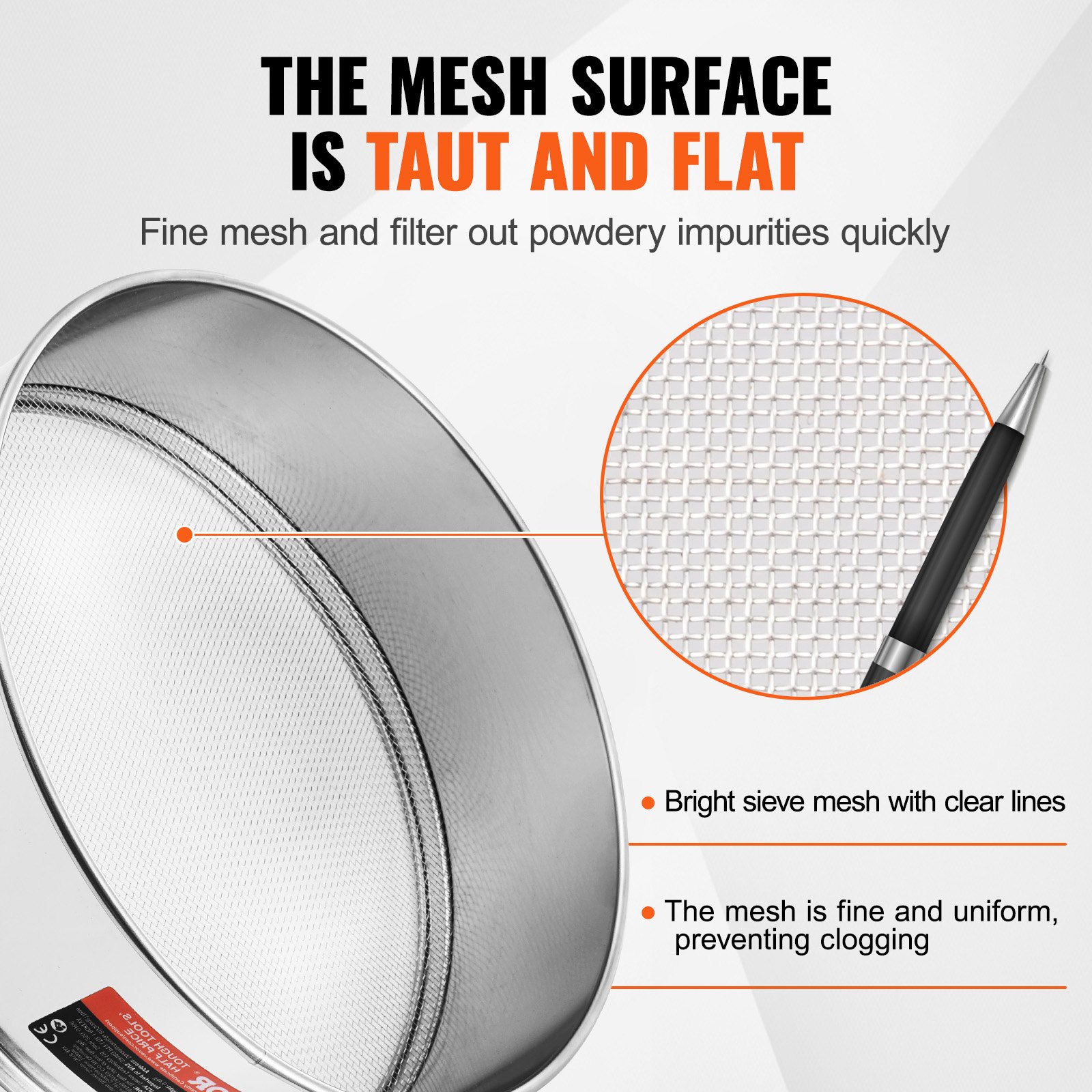 VEVOR Flour Sieve Fine Mesh, 10 Mesh Flour Sifter, 304 Stainless Steel Fine Mesh Sifter Food-grade, Dia. 12.6" Fine Mesh Strainers for Baking, 5 Sizes Mesh hole for Mungbean, Rice, Flour, Pearl Powder