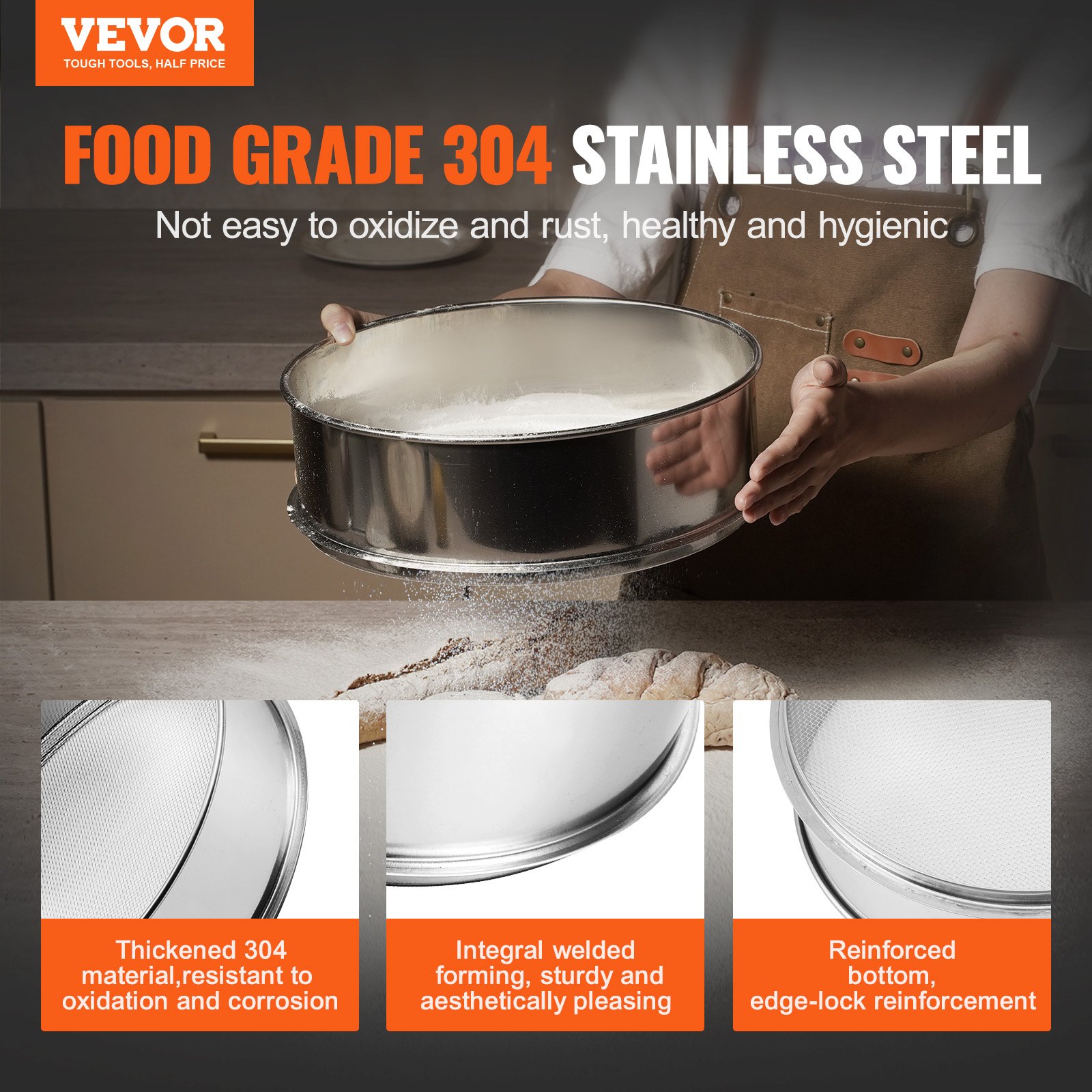 VEVOR Flour Sieve Fine Mesh, 10 Mesh Flour Sifter, 304 Stainless Steel Fine Mesh Sifter Food-grade, Dia. 12.6" Fine Mesh Strainers for Baking, 5 Sizes Mesh hole for Mungbean, Rice, Flour, Pearl Powder