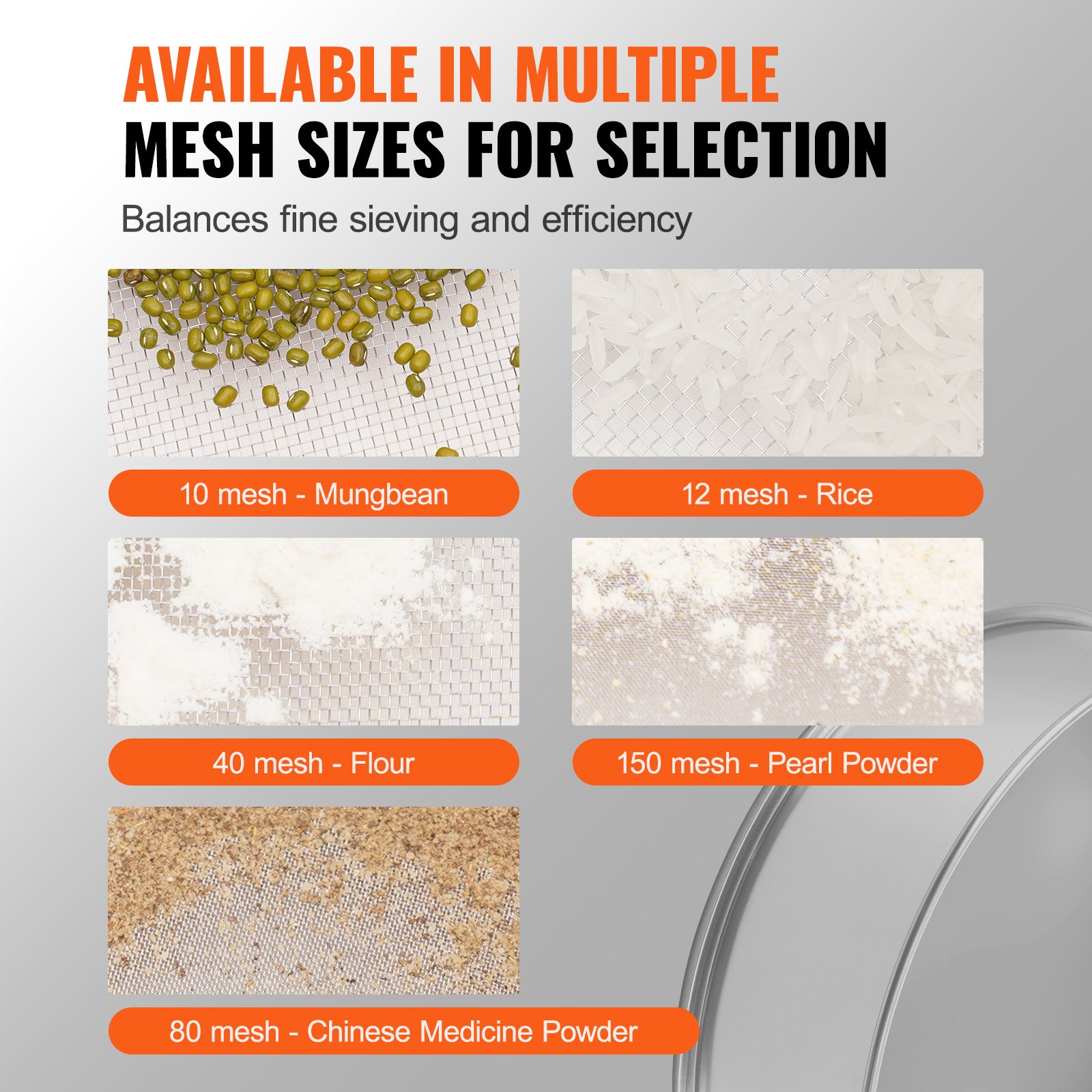 VEVOR Flour Sieve Fine Mesh, 10 Mesh Flour Sifter, 304 Stainless Steel Fine Mesh Sifter Food-grade, Dia. 12.6" Fine Mesh Strainers for Baking, 5 Sizes Mesh hole for Mungbean, Rice, Flour, Pearl Powder