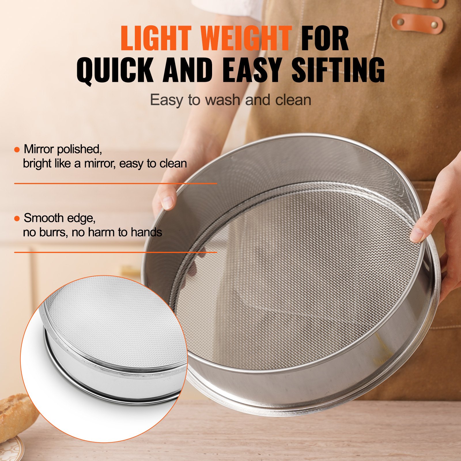 VEVOR Flour Sieve Fine Mesh, 10 Mesh Flour Sifter, 304 Stainless Steel Fine Mesh Sifter Food-grade, Dia. 12.6" Fine Mesh Strainers for Baking, 5 Sizes Mesh hole for Mungbean, Rice, Flour, Pearl Powder
