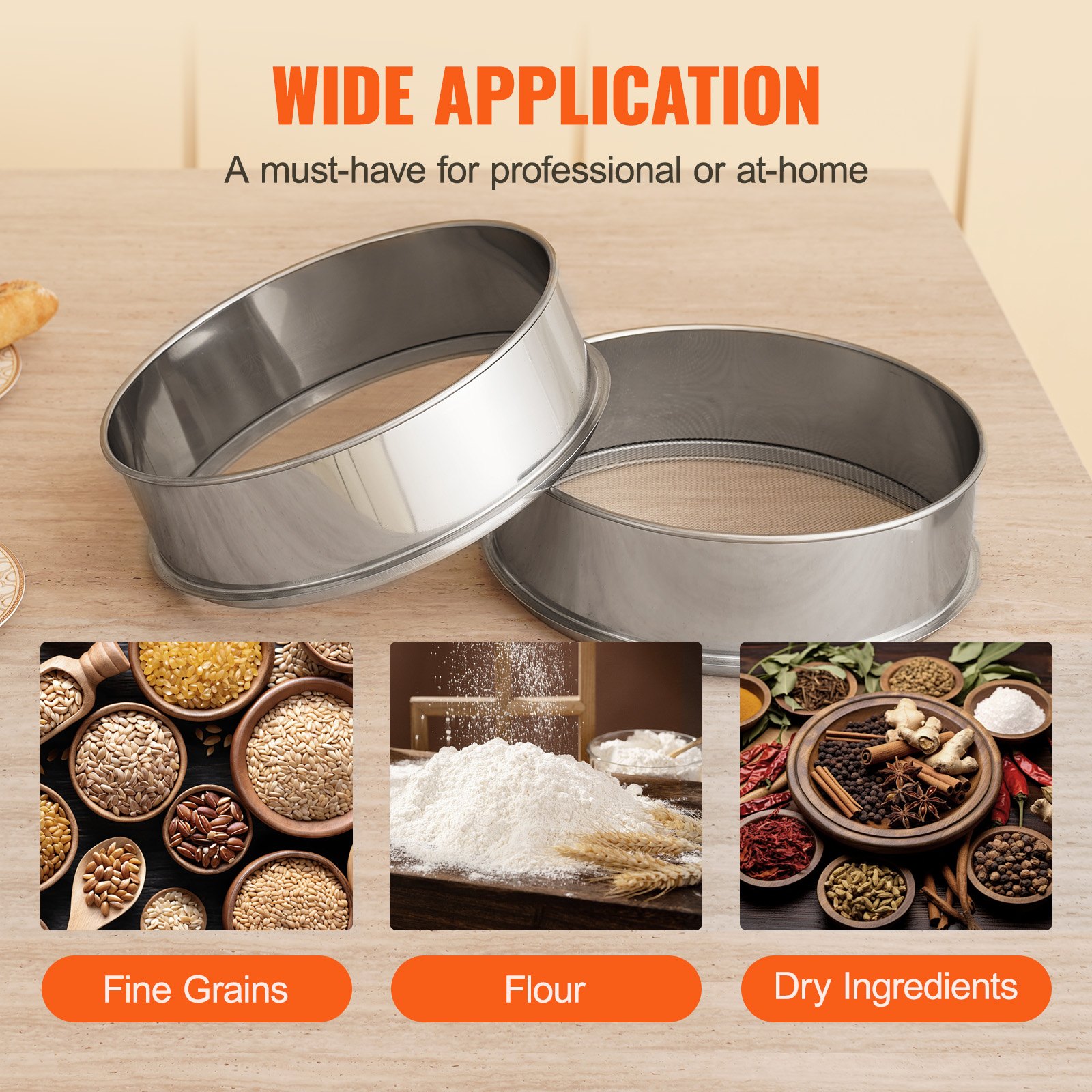 VEVOR Flour Sieve Fine Mesh, 10 Mesh Flour Sifter, 304 Stainless Steel Fine Mesh Sifter Food-grade, Dia. 12.6" Fine Mesh Strainers for Baking, 5 Sizes Mesh hole for Mungbean, Rice, Flour, Pearl Powder