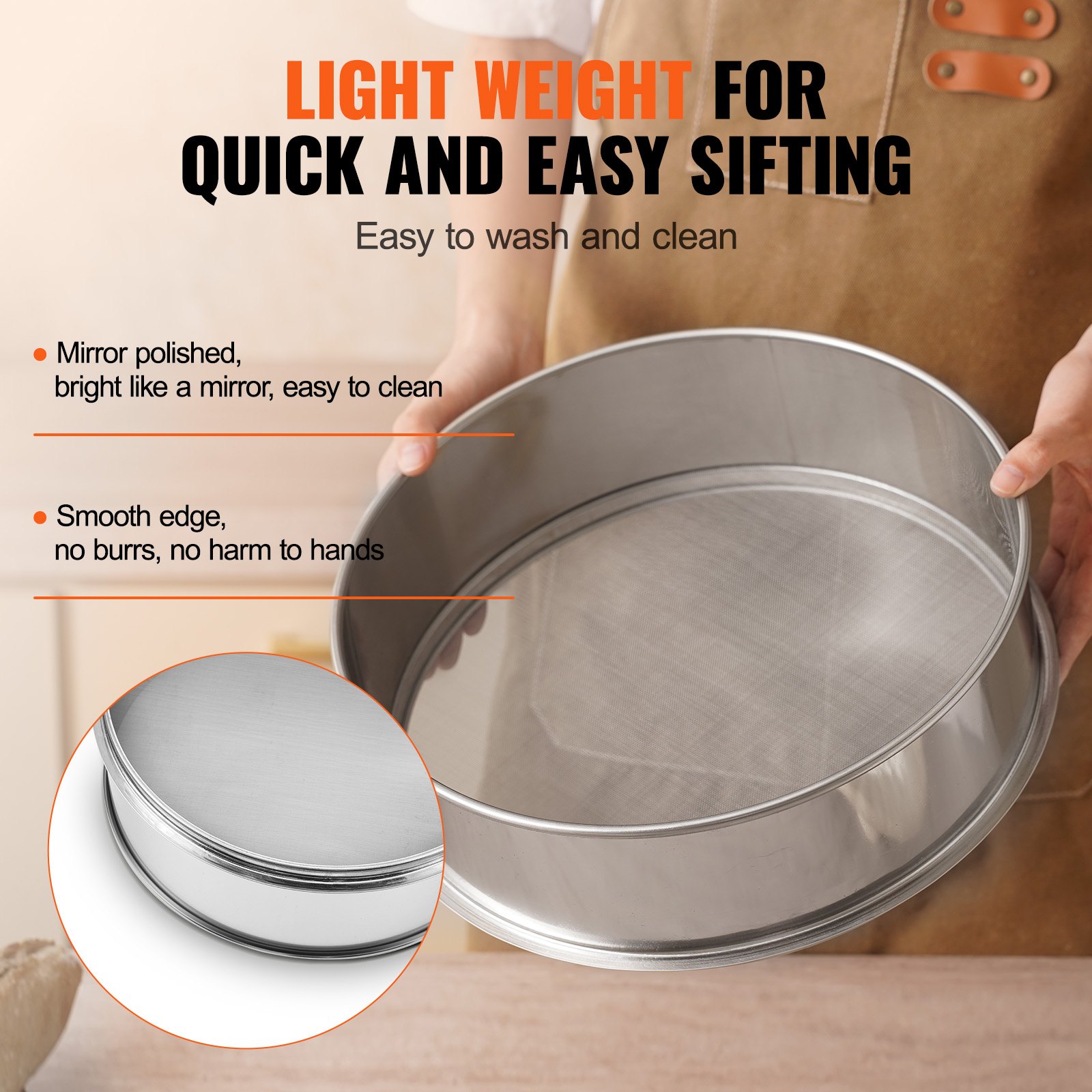 VEVOR Flour Sieve Fine Mesh, 40 Mesh Flour Sifter, 304 Stainless Steel Fine Mesh Sifter Food-grade, Dia. 12.6" Fine Mesh Strainers for Baking, 5 Sizes Mesh hole for Mungbean, Rice, Flour, Pearl Powder