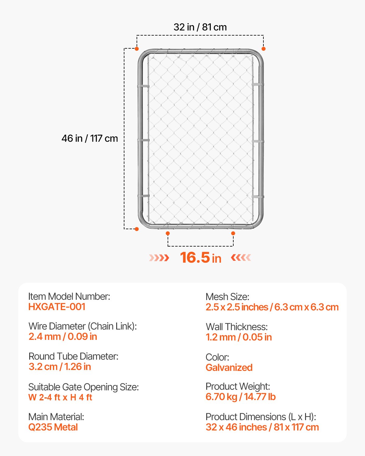 VEVOR Chain Link Fence Gate, 81 x 117 cm, Adjustable Chain Link Fence Panel, Fit 67-183 cm (W) x 122 cm (H) Garden Fence Gate Opening, Rust-Resistant Galvanized Fencing Gate for Farm Posts Not Included