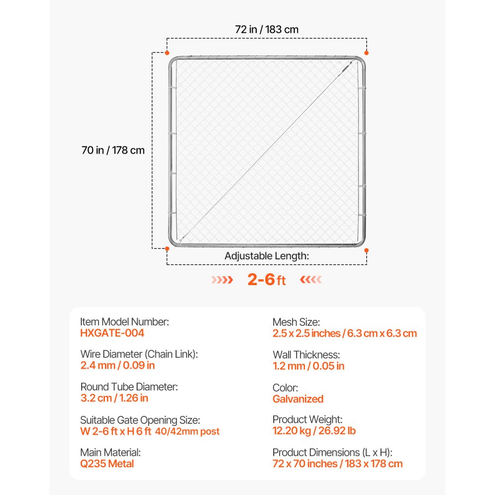 VEVOR Chain Link Fence Gate, 70 x 72 in, Adjustable Chain Link Fence Panel, Fit 3 ft (W) x 4 ft (H) Garden Fence Gate Opening, Rust-Resistant Galvanized Fencing Gate for Farm Posts Not Included
