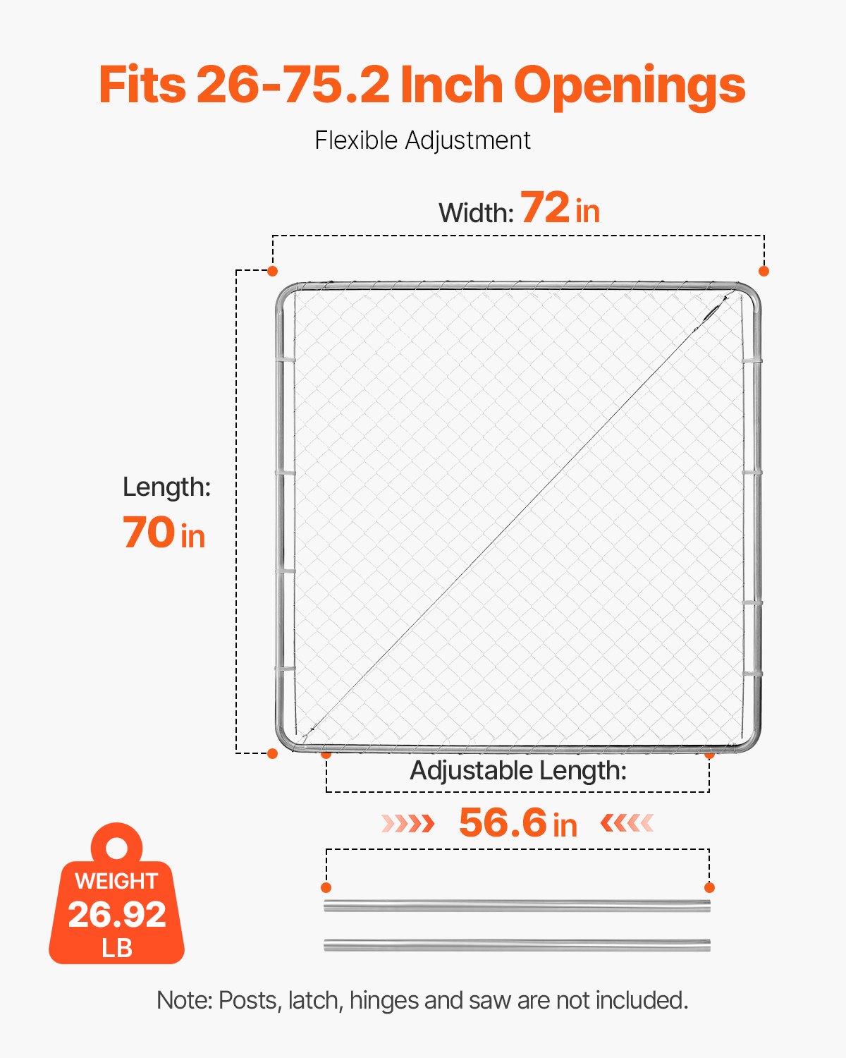 VEVOR Chain Link Fence Gate, 183 x 178 cm, Adjustable Chain Link Fence Panel, Fit 91 cm (W) x 122 cm (H) Garden Fence Gate Opening, Rust-Resistant Galvanized Fencing Gate for Farm Posts Not Included