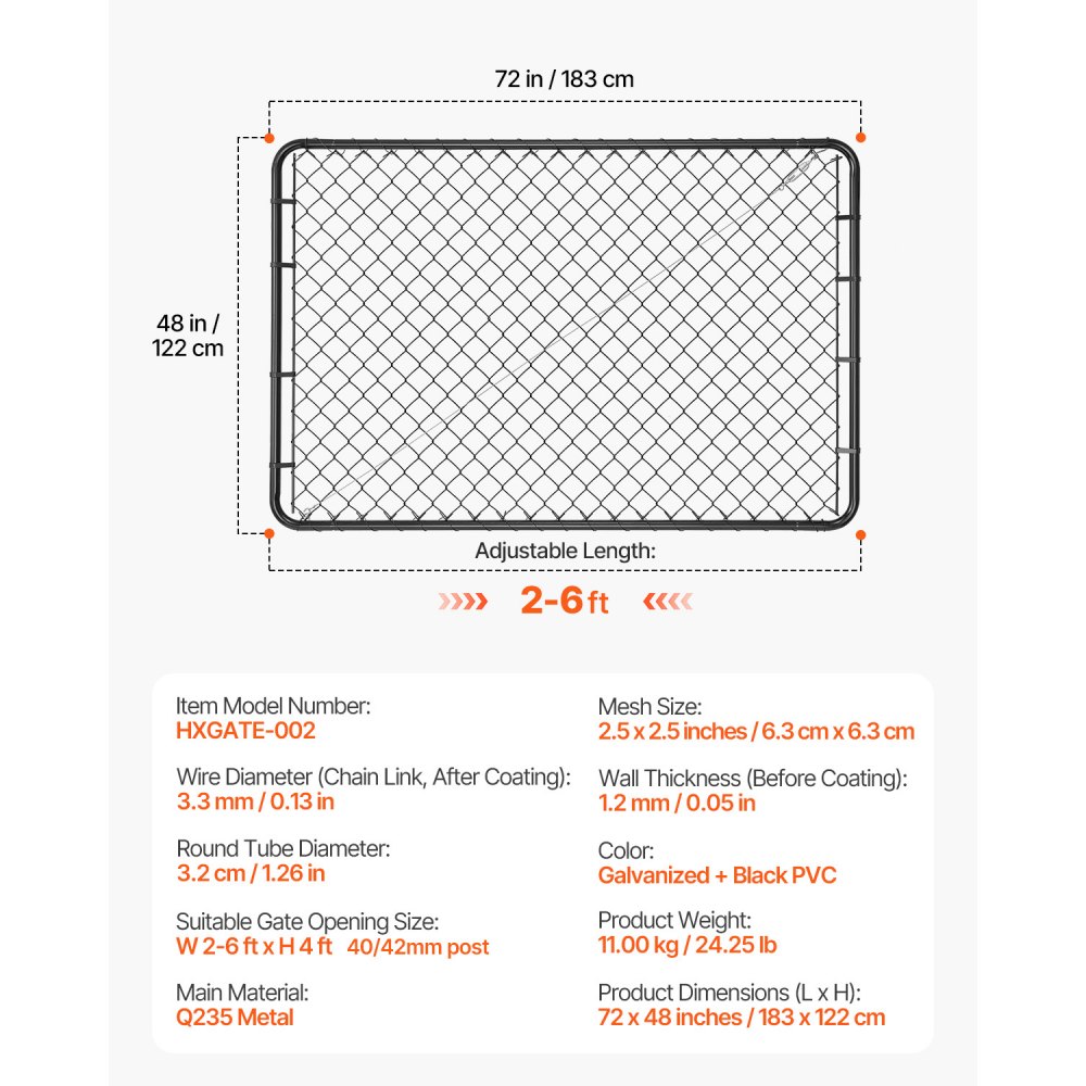 VEVOR Chain Link Fence Gate, 183 x 122 cm, Adjustable Chain Link Fence Panel, Fit 67-183 cm (W) x 183 cm (H) Garden Fence Gate Opening, Fencing Gate with Plastic Coating, for Farm Black, Posts Not Included