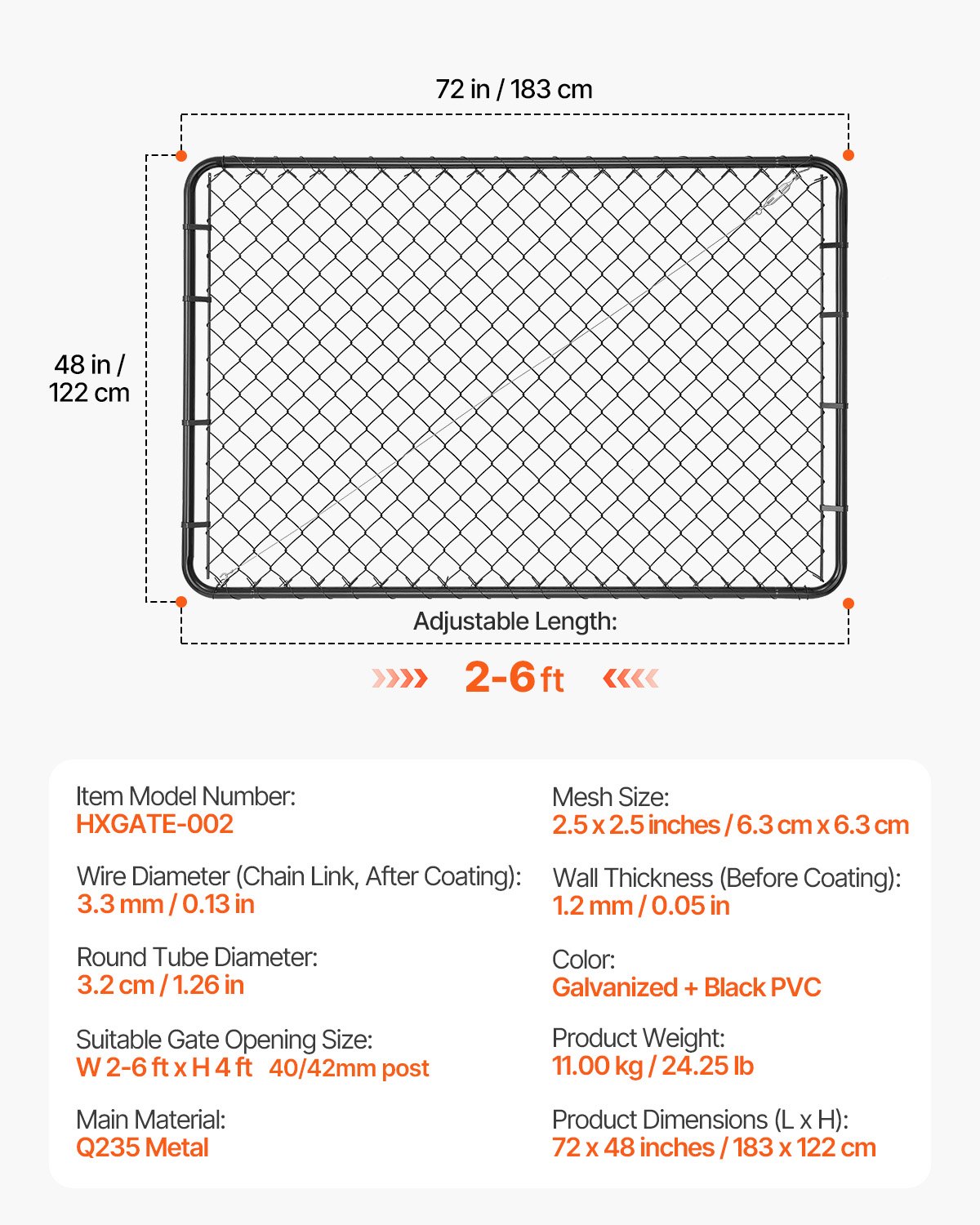 VEVOR Chain Link Fence Gate, 72 x 46 in, Adjustable Chain Link Fence Panel, Fit 2.2-6 ft (W) x 6 ft (H) Garden Fence Gate Opening, Fencing Gate with Plastic Coating, for Farm Black, Posts Not Included