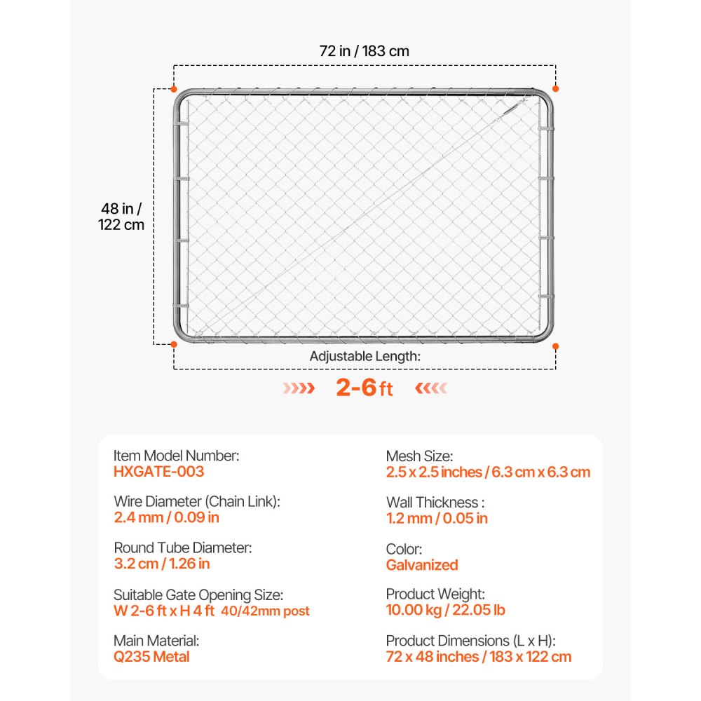 VEVOR Chain Link Fence Gate, 72 x 48 in, Adjustable Chain Link Fence Panel, Fit 2.2-6 ft (W) x 6 ft (H) Garden Fence Gate Opening, Rust-Resistant Galvanized Fencing Gate for Farm, Posts Not Included