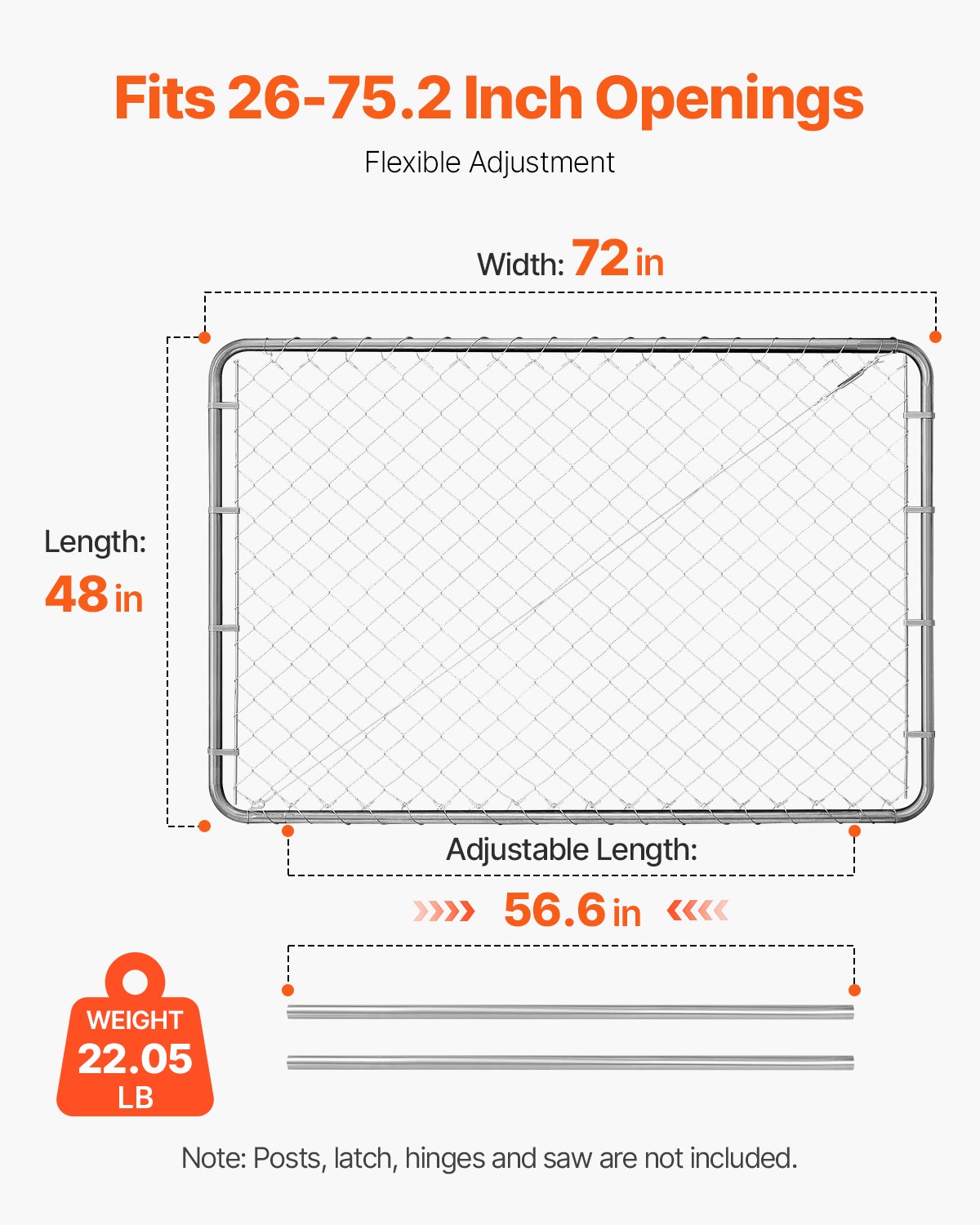 VEVOR Chain Link Fence Gate, 72 x 48 in, Adjustable Chain Link Fence Panel, Fit 2.2-6 ft (W) x 6 ft (H) Garden Fence Gate Opening, Rust-Resistant Galvanized Fencing Gate for Farm, Posts Not Included