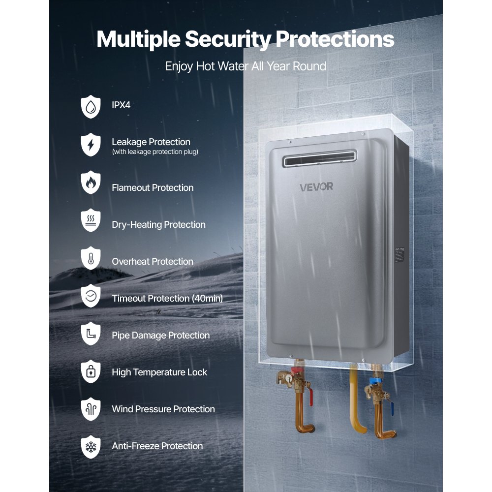 VEVOR Gas Tankless Water Heater, 8Gal Outdoor 191000 BTU Instant Hot Water Heater, Smart Temperature Control & 3/4 inch NPT Interface& Multiple Security Protections for Whole House, Silver Gray