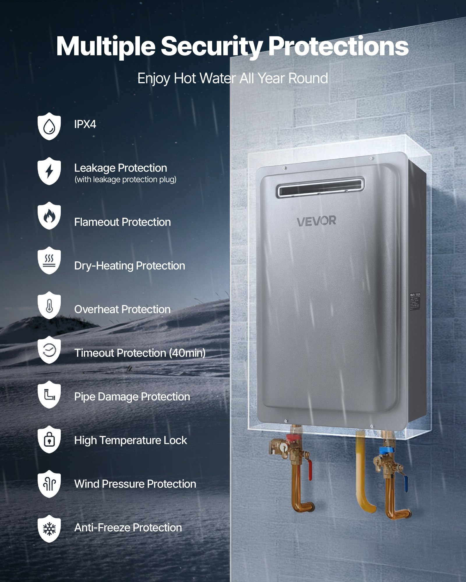 VEVOR Gas Tankless Water Heater, 8Gal Outdoor 191000 BTU Instant Hot Water Heater, Smart Temperature Control & 3/4 inch NPT Interface& Multiple Security Protections for Whole House, Silver Gray