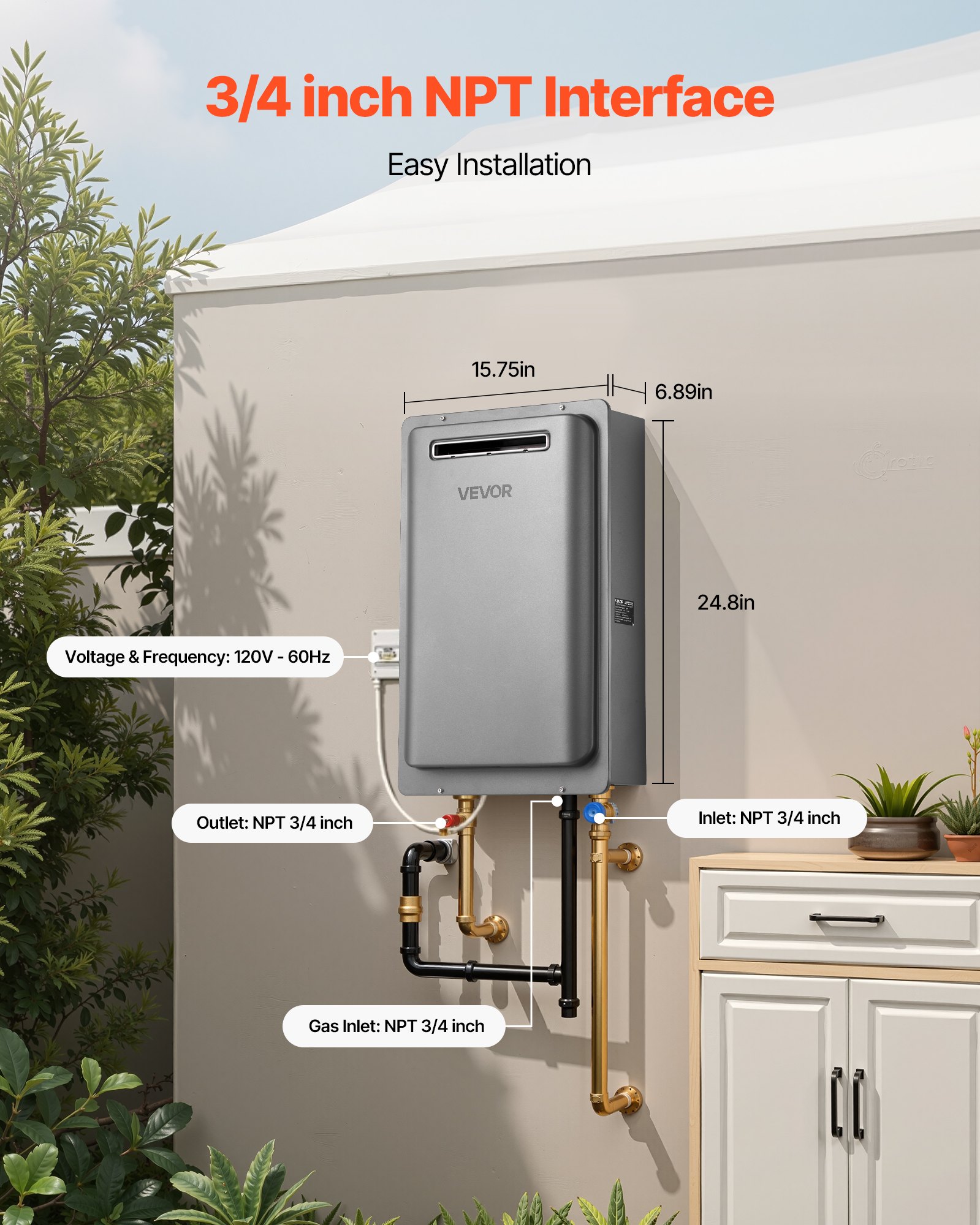 VEVOR Gas Tankless Water Heater, 8Gal Outdoor 191000 BTU Instant Hot Water Heater, Smart Temperature Control & 3/4 inch NPT Interface& Multiple Security Protections for Whole House, Silver Gray