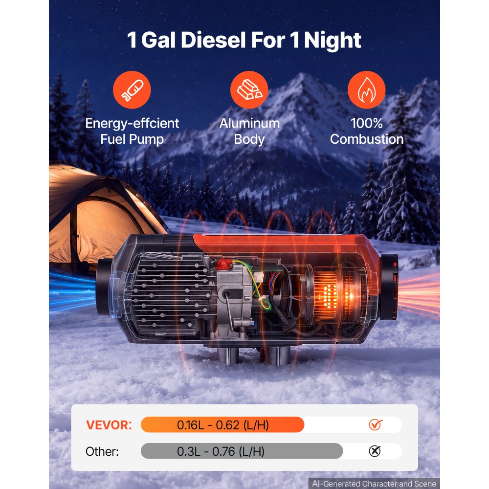 VEVOR Diesel Heater DC 12V 10 L/2.6 Gal Fast Heating Diesel Air Heater, For Various Vehicles, Large Fuel Tank, with Bluetooth App Control, Remote Control and LCD Panel, Automatic Altitude Compensation