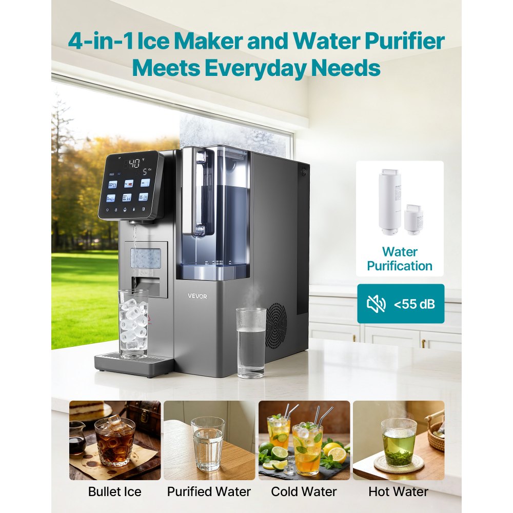 VEVOR Ice Maker Water Filter Dispenser, 4-in-1 Countertop Ice Making Machine with Room Temperature, Hot & Cold Water, 6-Stage RO Filter + Mineralization Filter, Multi-Functional for Home Office Party