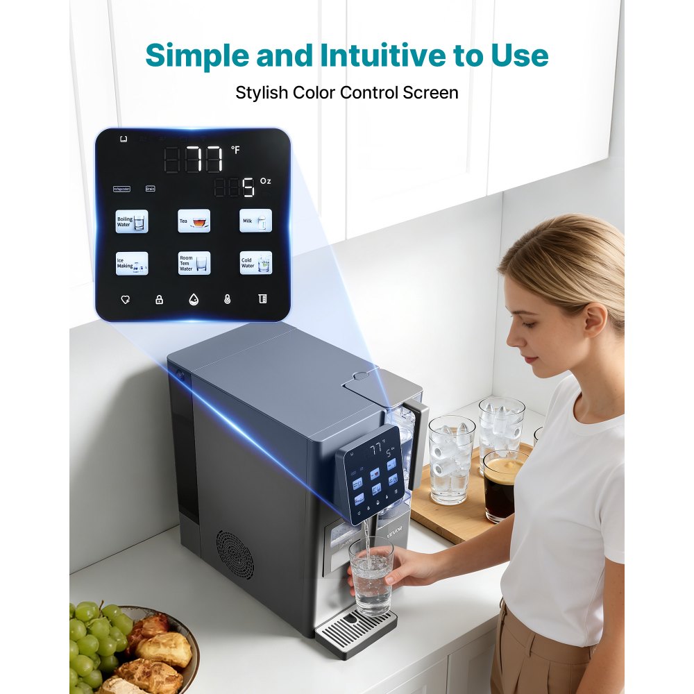 VEVOR Ice Maker Water Filter Dispenser, 4-in-1 Countertop Ice Making Machine with Room Temperature, Hot & Cold Water, 6-Stage RO Filter + Mineralization Filter, Multi-Functional for Home Office Party