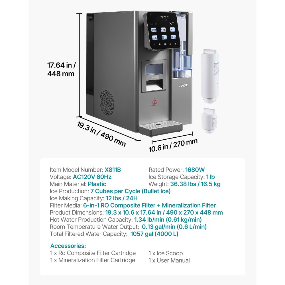 VEVOR Ice Maker Water Filter Dispenser, 4-in-1 Countertop Ice Making Machine with Room Temperature, Hot & Cold Water, 6-Stage RO Filter + Mineralization Filter, Multi-Functional for Home Office Party