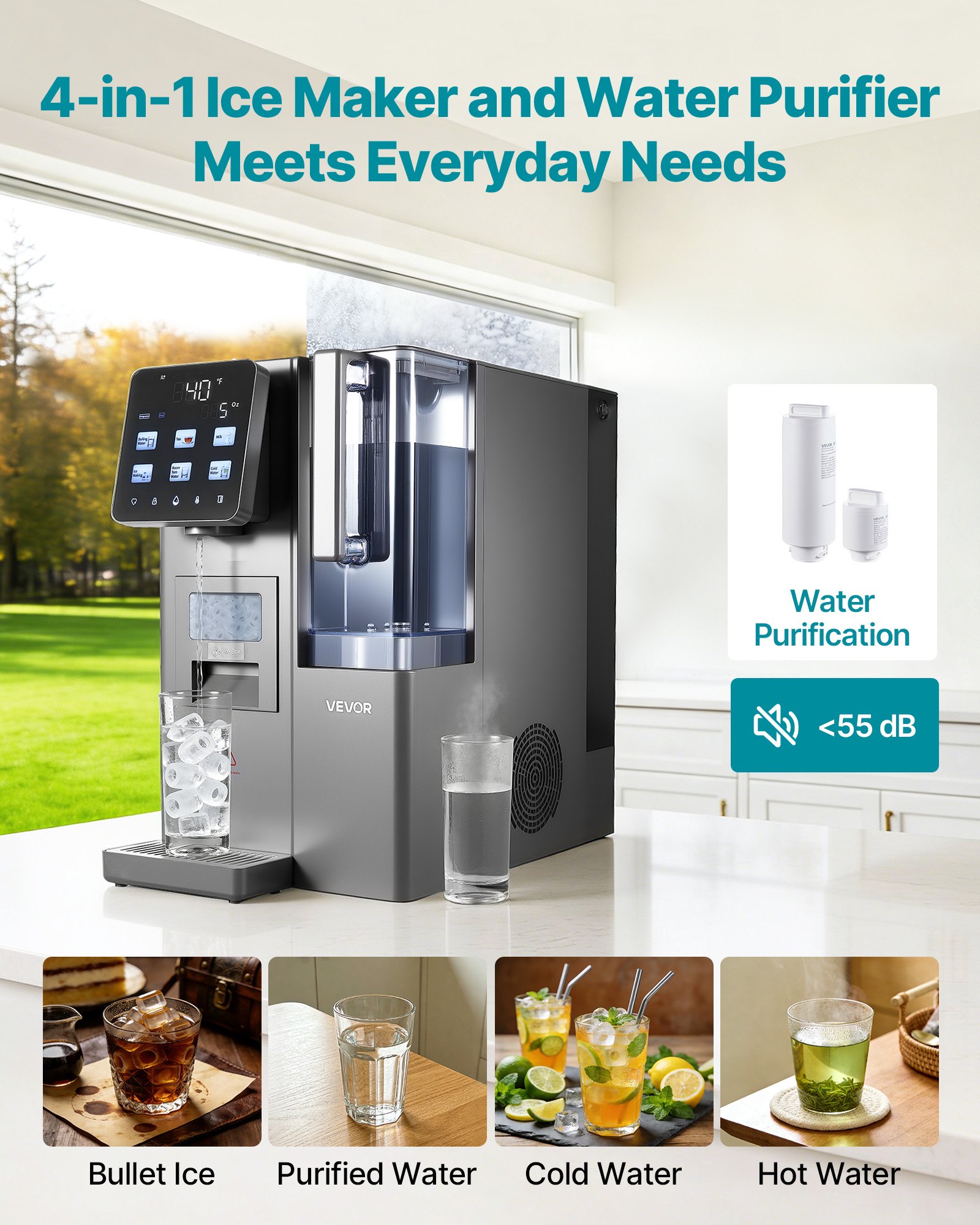 VEVOR Ice Maker Water Filter Dispenser, 4-in-1 Countertop Ice Making Machine with Room Temperature, Hot & Cold Water, 6-Stage RO Filter + Mineralization Filter, Multi-Functional for Home Office Party