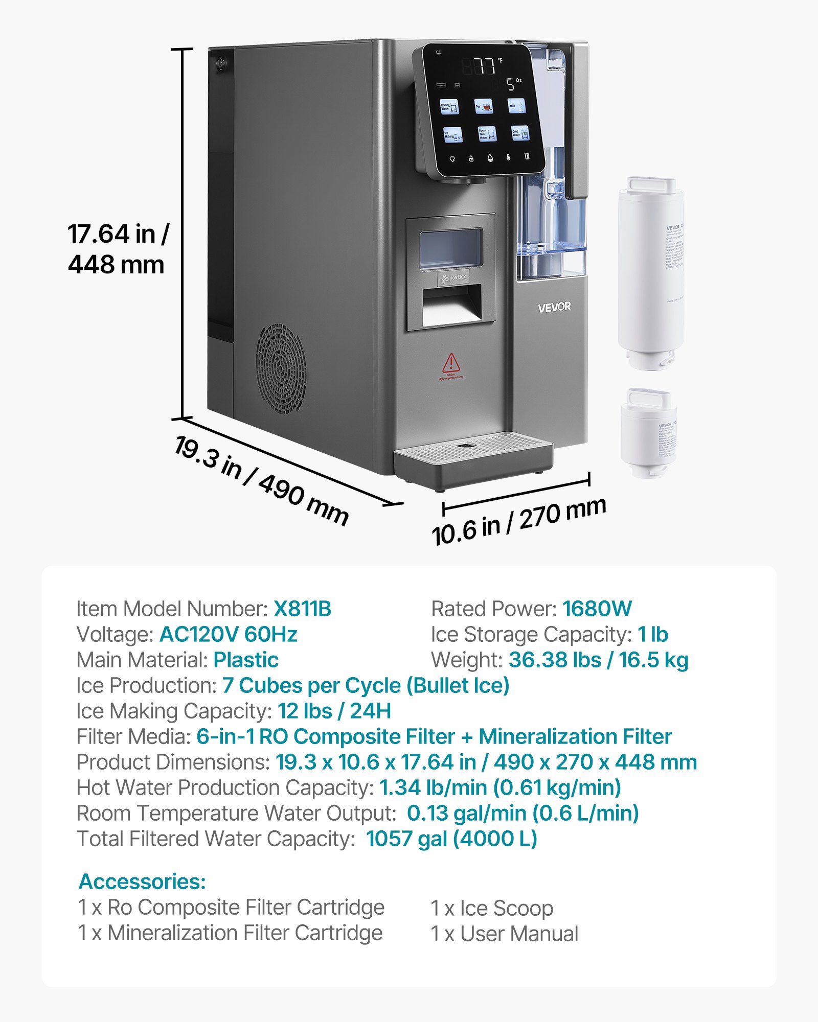 VEVOR Ice Maker Water Filter Dispenser, 4-in-1 Countertop Ice Making Machine with Room Temperature, Hot & Cold Water, 6-Stage RO Filter + Mineralization Filter, Multi-Functional for Home Office Party
