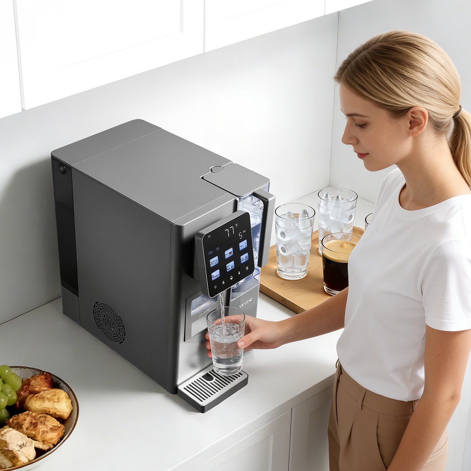 VEVOR Ice Maker Water Filter Dispenser, 4-in-1 Countertop Ice Making Machine with Room Temperature, Hot & Cold Water, 6-Stage RO Filter + Mineralization Filter, Multi-Functional for Home Office Party