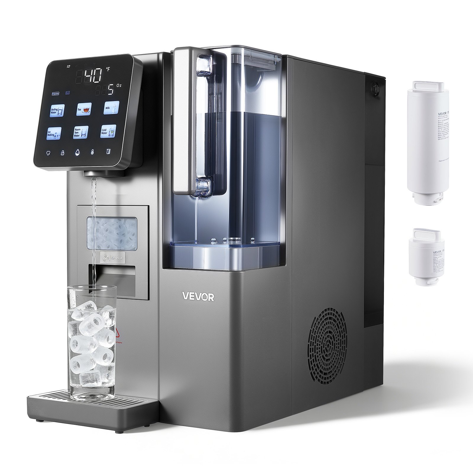 VEVOR Ice Maker Water Filter Dispenser, 4-in-1 Countertop Ice Making Machine with Room Temperature, Hot & Cold Water, 6-Stage RO Filter + Mineralization Filter, Multi-Functional for Home Office Party
