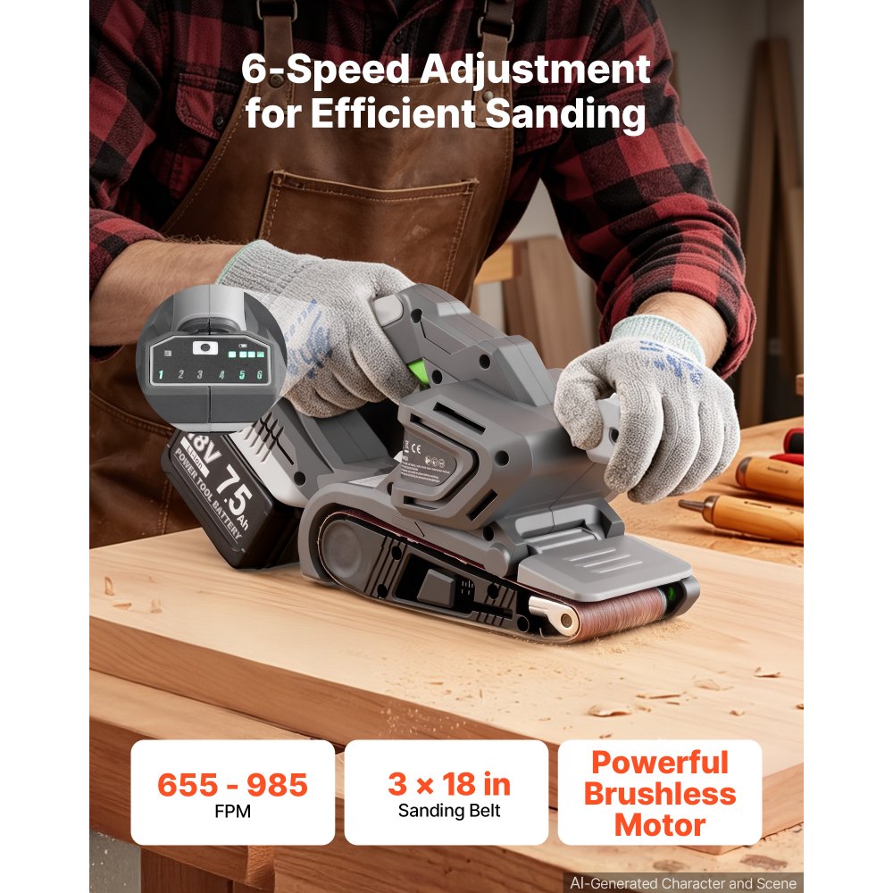 VEVOR 20V Max Cordless Belt Sander, 3" x 18" Belt Sander for Woodworking, 6 Variable Speeds Sanding Machine with 10PCS Sanding Belts, 2 Dust Bags & Vacuum Adapter (Battery NOT Included)