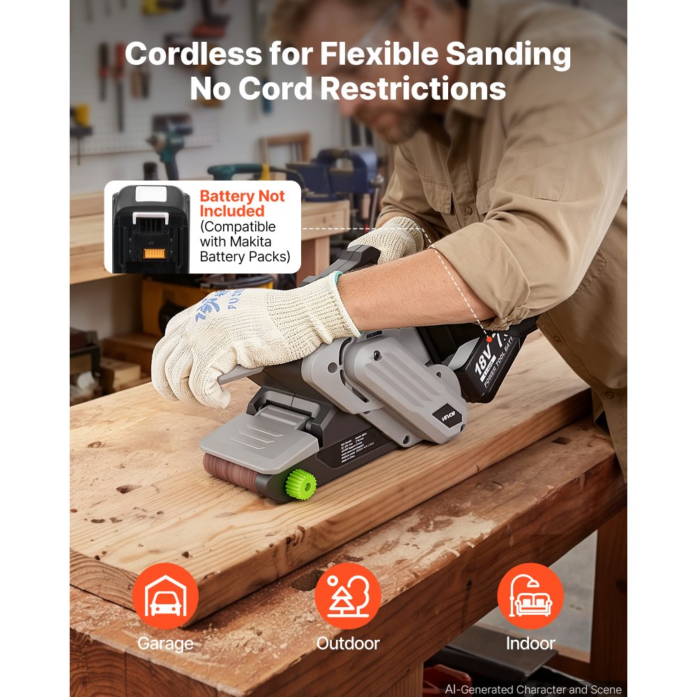 VEVOR 20V Max Cordless Belt Sander, 3" x 18" Belt Sander for Woodworking, 6 Variable Speeds Sanding Machine with 10PCS Sanding Belts, 2 Dust Bags & Vacuum Adapter (Battery NOT Included)