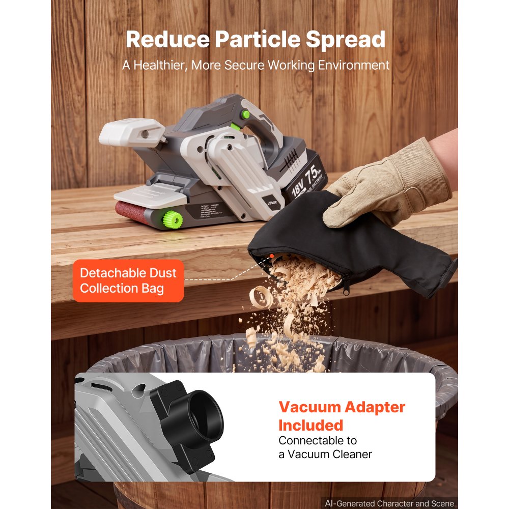 VEVOR 20V Max Cordless Belt Sander, 3" x 18" Belt Sander for Woodworking, 6 Variable Speeds Sanding Machine with 10PCS Sanding Belts, 2 Dust Bags & Vacuum Adapter (Battery NOT Included)