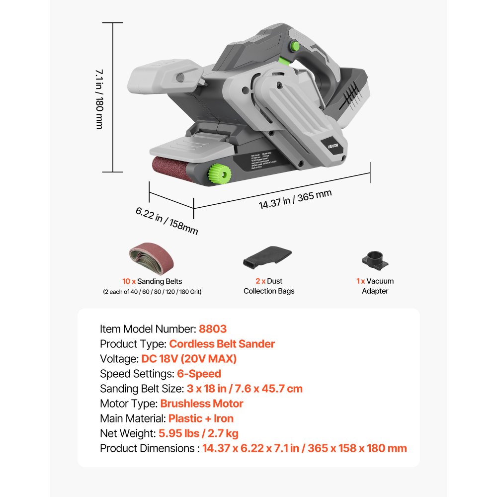 VEVOR 20V Max Cordless Belt Sander, 3" x 18" Belt Sander for Woodworking, 6 Variable Speeds Sanding Machine with 10PCS Sanding Belts, 2 Dust Bags & Vacuum Adapter (Battery NOT Included)