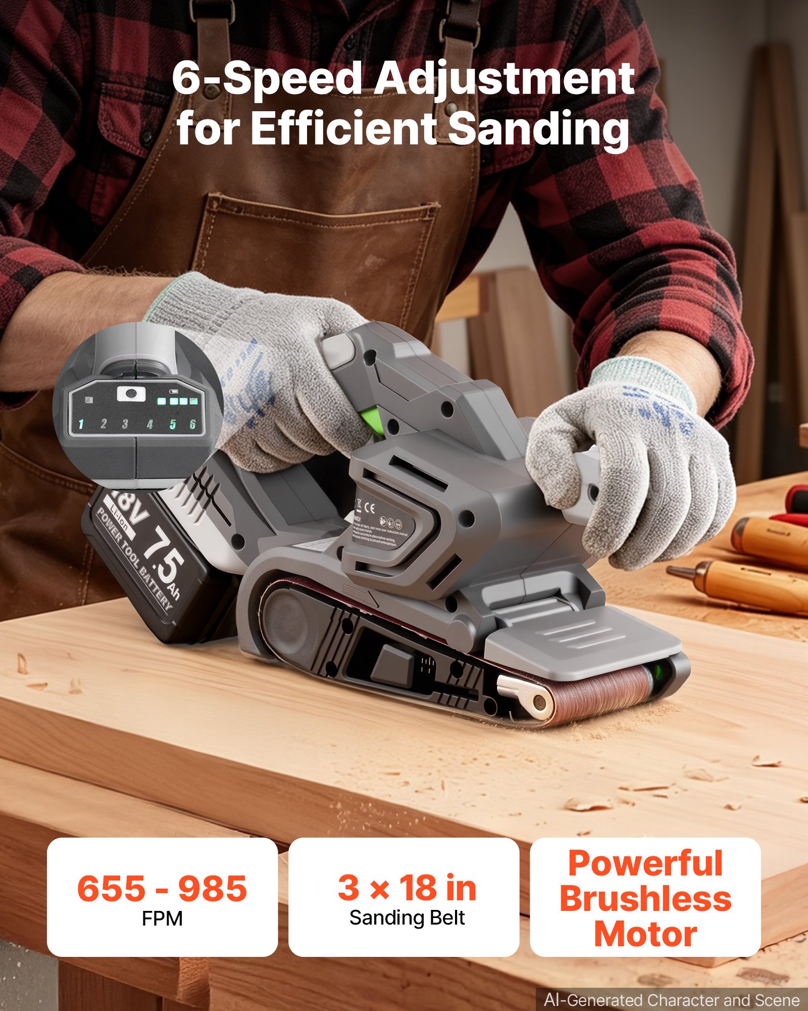 VEVOR 20V Max Cordless Belt Sander, 3" x 18" Belt Sander for Woodworking, 6 Variable Speeds Sanding Machine with 10PCS Sanding Belts, 2 Dust Bags & Vacuum Adapter (Battery NOT Included)