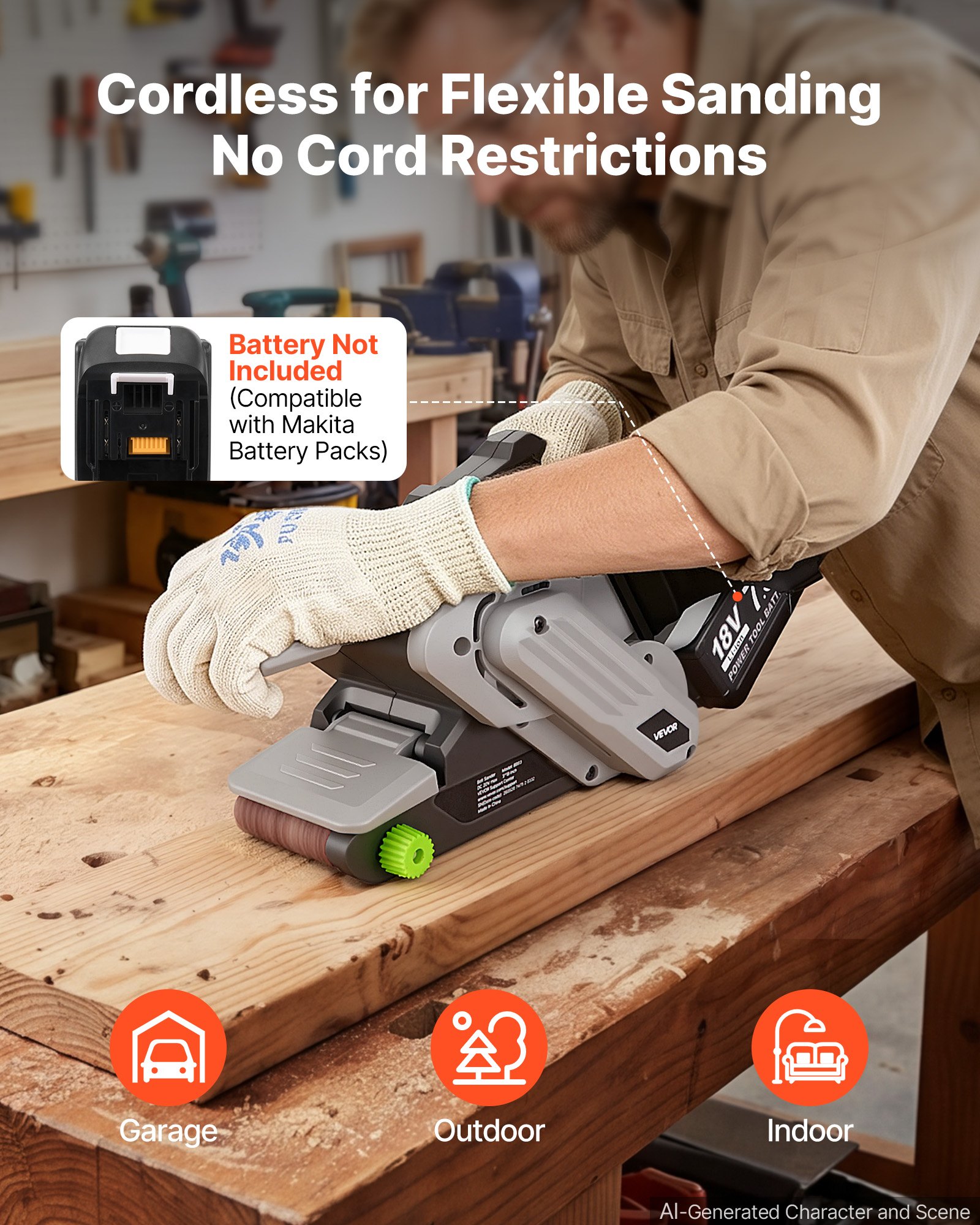 VEVOR 20V Max Cordless Belt Sander, 3" x 18" Belt Sander for Woodworking, 6 Variable Speeds Sanding Machine with 10PCS Sanding Belts, 2 Dust Bags & Vacuum Adapter (Battery NOT Included)