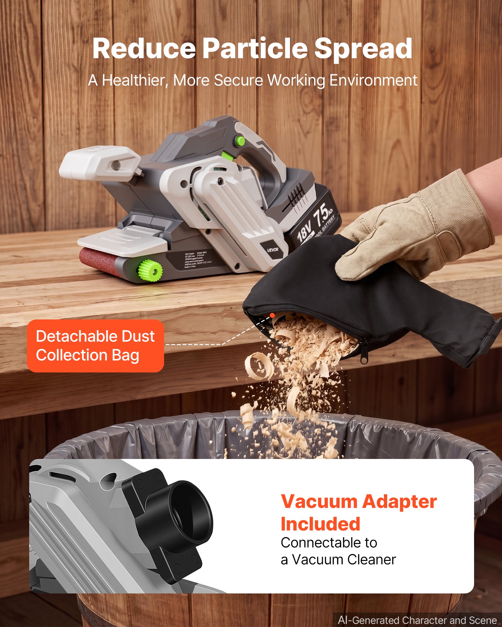 VEVOR 20V Max Cordless Belt Sander, 3" x 18" Belt Sander for Woodworking, 6 Variable Speeds Sanding Machine with 10PCS Sanding Belts, 2 Dust Bags & Vacuum Adapter (Battery NOT Included)