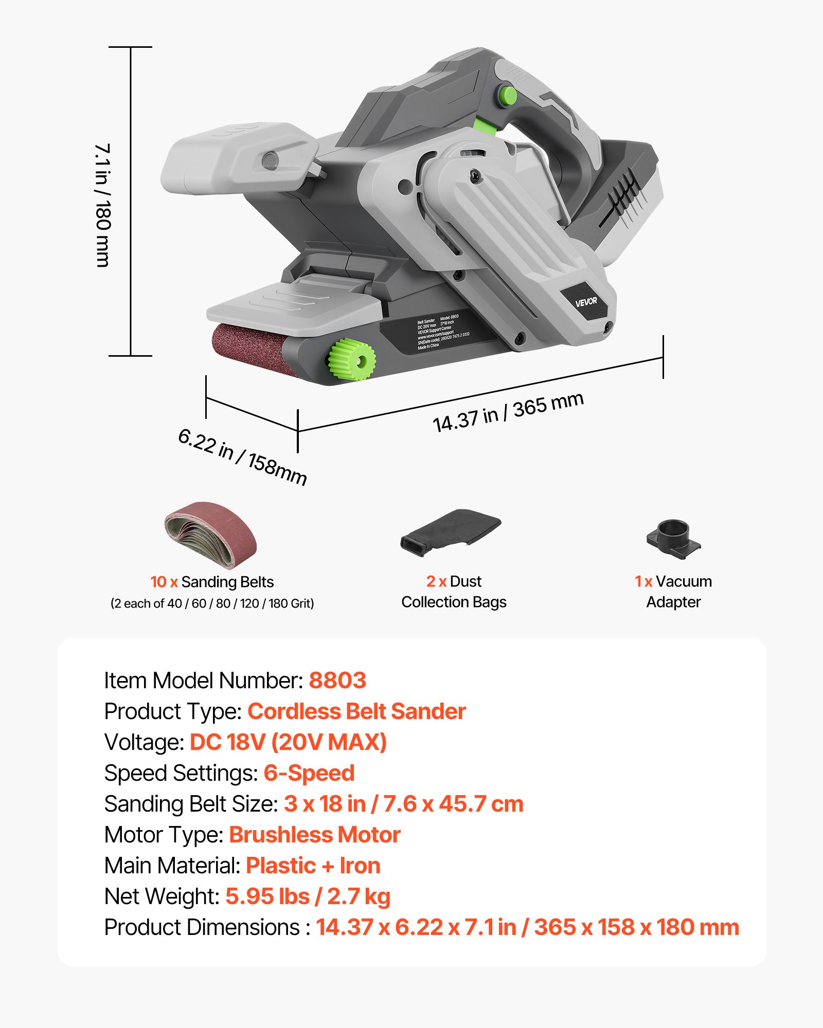 VEVOR 20V Max Cordless Belt Sander, 3" x 18" Belt Sander for Woodworking, 6 Variable Speeds Sanding Machine with 10PCS Sanding Belts, 2 Dust Bags & Vacuum Adapter (Battery NOT Included)