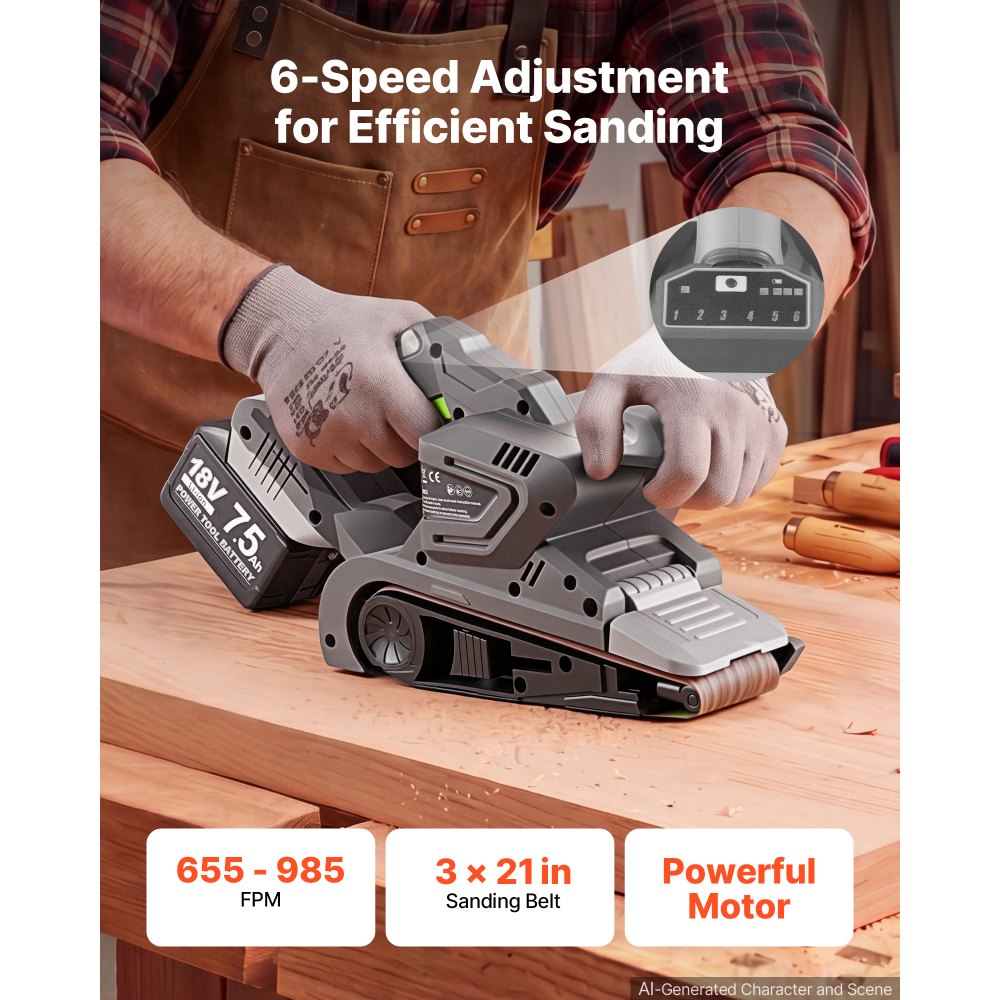 VEVOR 20V Max Cordless Belt Sander, 3" x 21" Belt Sander for Woodworking, 6 Variable Speeds Sanding Machine with 10PCS Sanding Belts, 2 Dust Bags & Vacuum Adapter (Battery NOT Included)