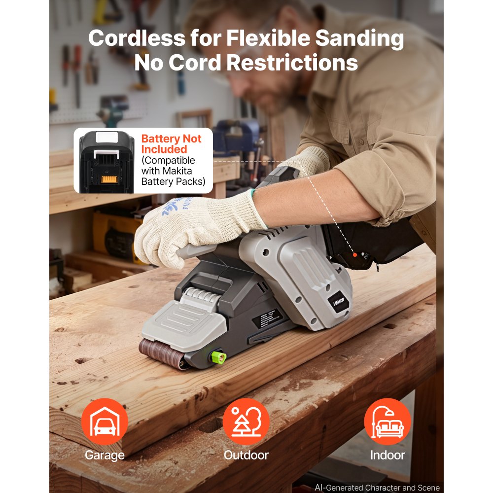 VEVOR 20V Max Cordless Belt Sander, 3" x 21" Belt Sander for Woodworking, 6 Variable Speeds Sanding Machine with 10PCS Sanding Belts, 2 Dust Bags & Vacuum Adapter (Battery NOT Included)